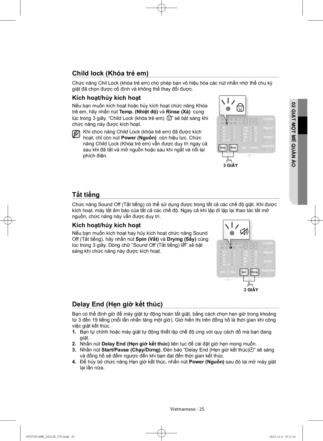 Samsung WD752U4BKWQ/SV manual Tắt tiếng, Kích hoạt/hủy kích hoạt 