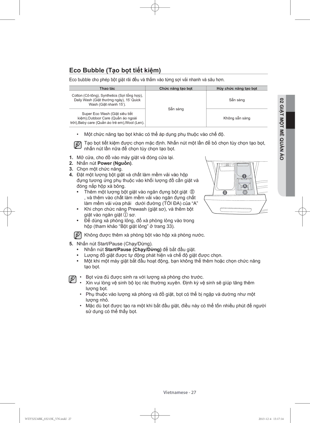 Samsung WD752U4BKWQ/SV manual Eco Bubble Tạ̣o bọ̣t tiết kiệm, Náo uầq ẻ mt ộm iặt 02 G 