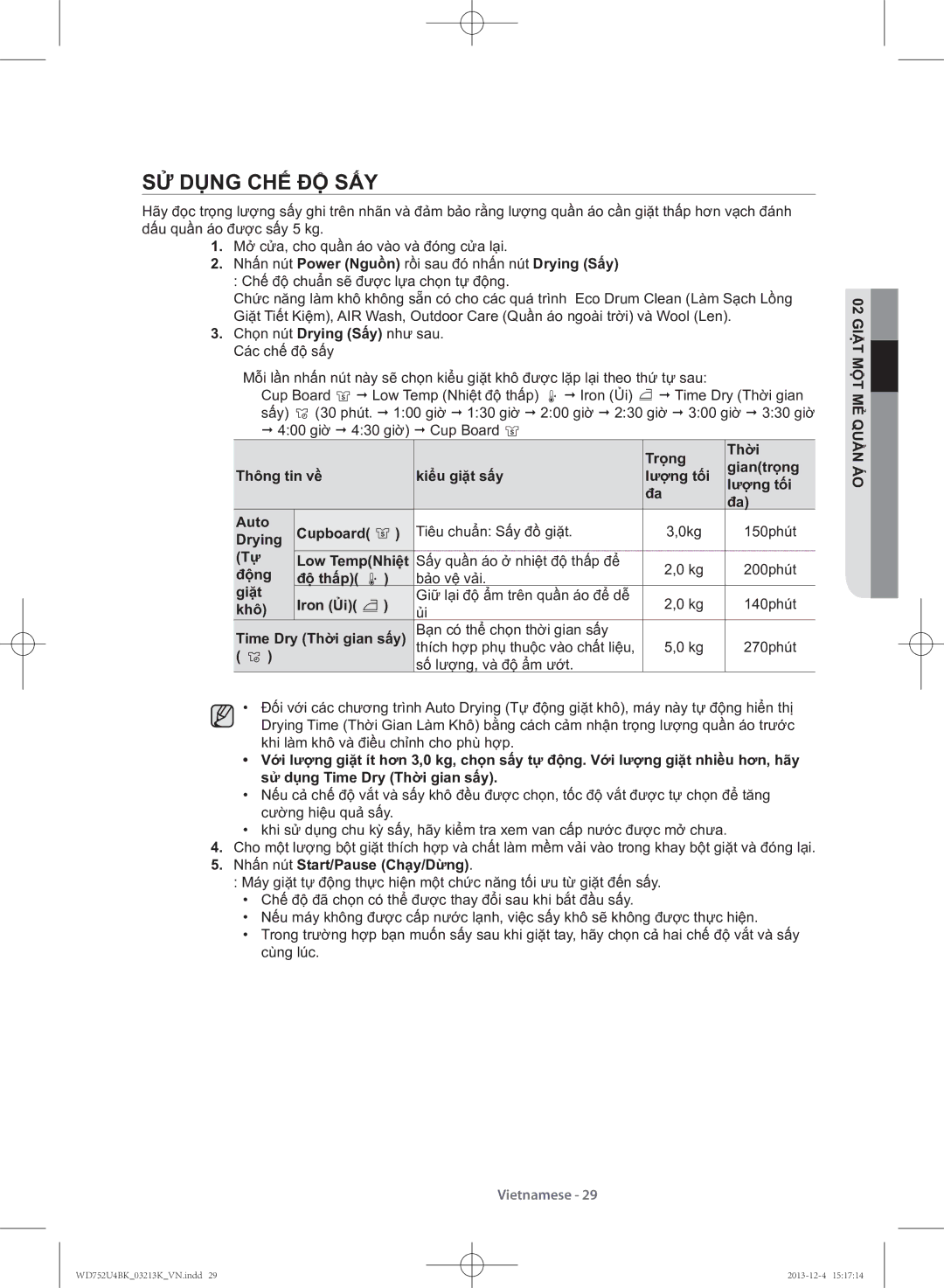 Samsung WD752U4BKWQ/SV manual Sử Dụng Chế Độ Sấy, Nhấ́n nút Start/Pause Chạ̣y/Dừng 