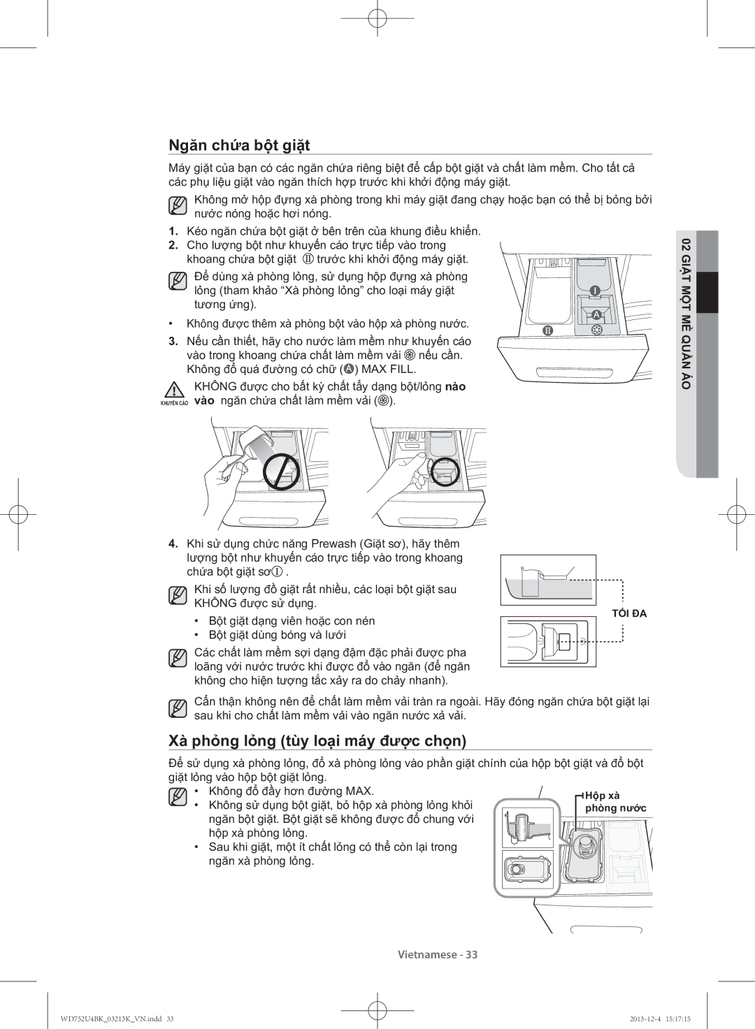 Samsung WD752U4BKWQ/SV manual Ngăn chứ́a bột giặ̣t, Xà phỏ̉ng lỏ̉ng tùy loạ̣i máy được chọ̣n 