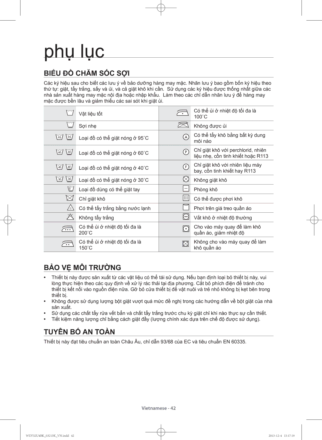 Samsung WD752U4BKWQ/SV manual Phụ lục, Biểu đồ chăm sóc sợi, Bảo vệ môi trường, Tuyên bố an toàn 