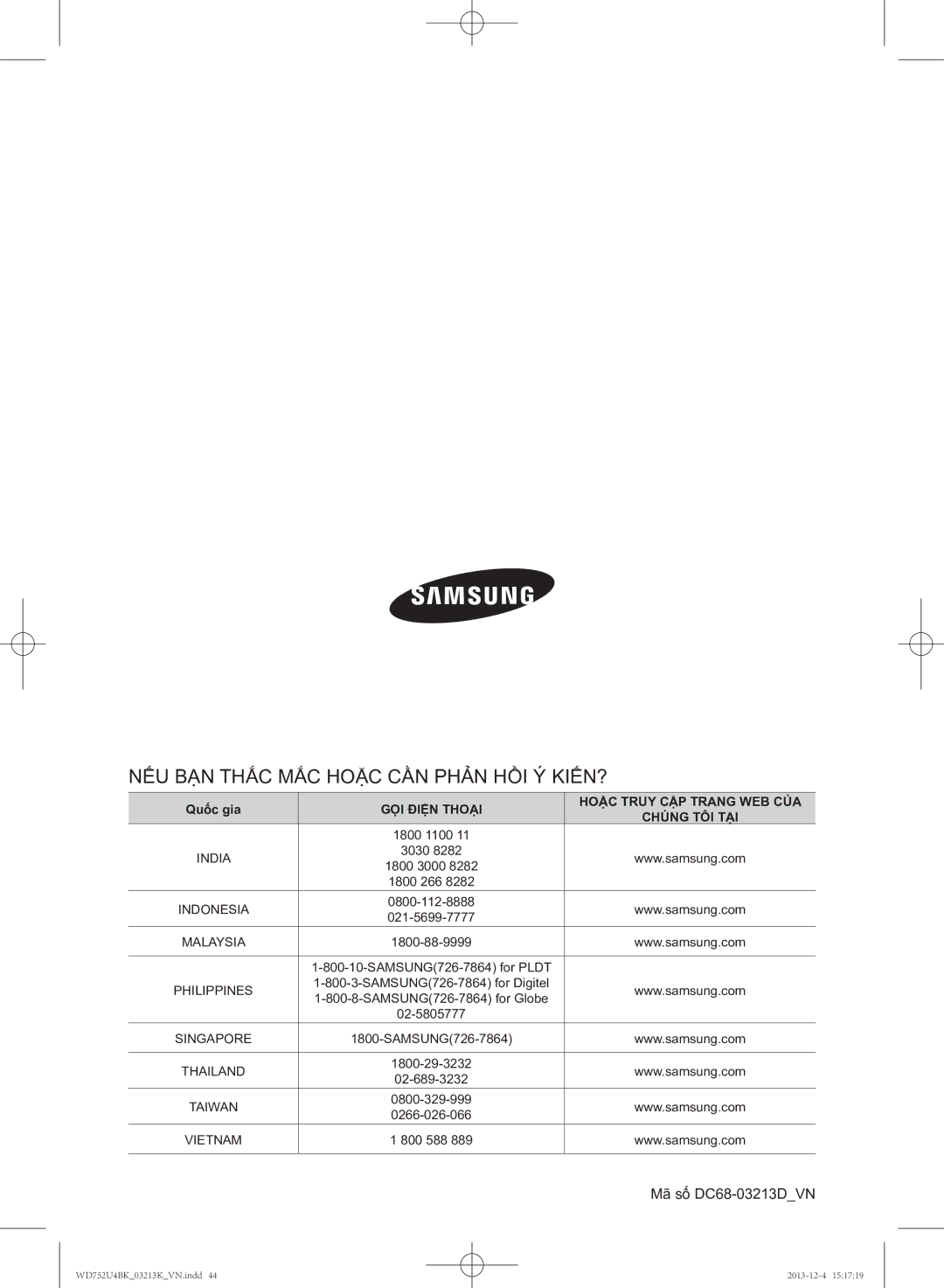 Samsung WD752U4BKWQ/SV manual NẾU BẠN Thắc MẮC Hoặc CẦN Phản HỒI Ý KIẾN? 