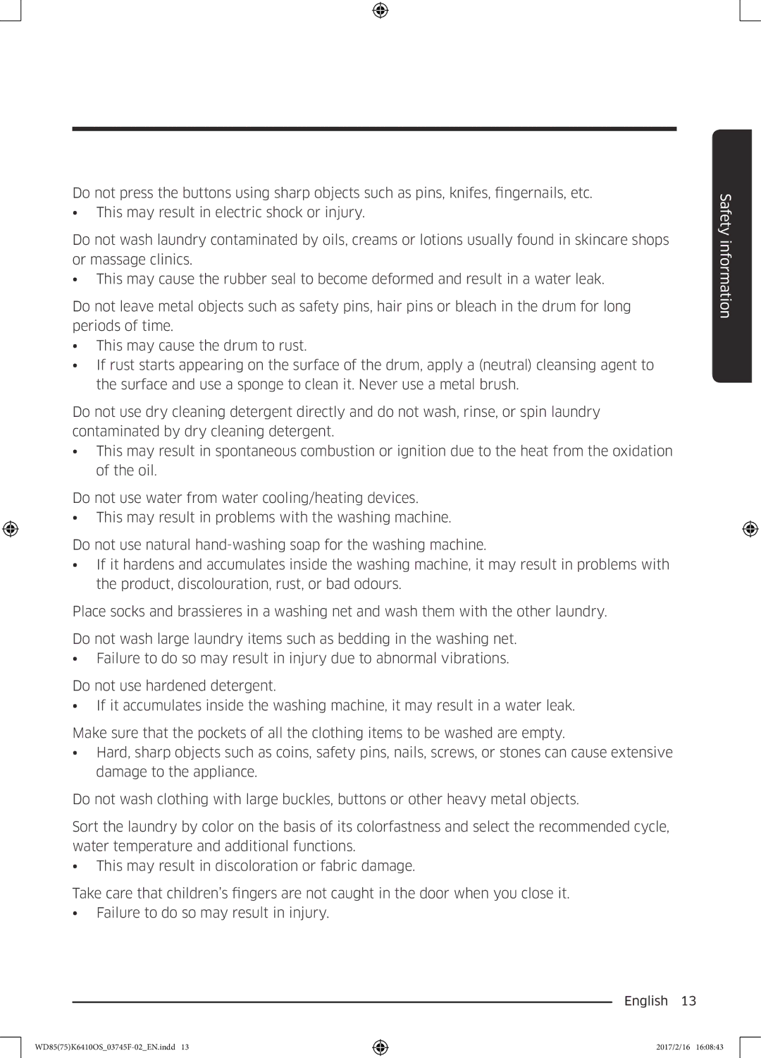 Samsung WD85K6410OS/YL, WD75K6410OW/YL manual Safety information 