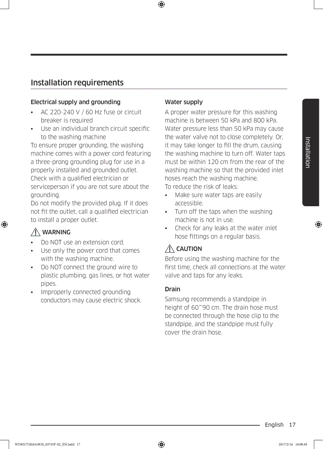 Samsung WD85K6410OS/YL, WD75K6410OW/YL manual Installation requirements 