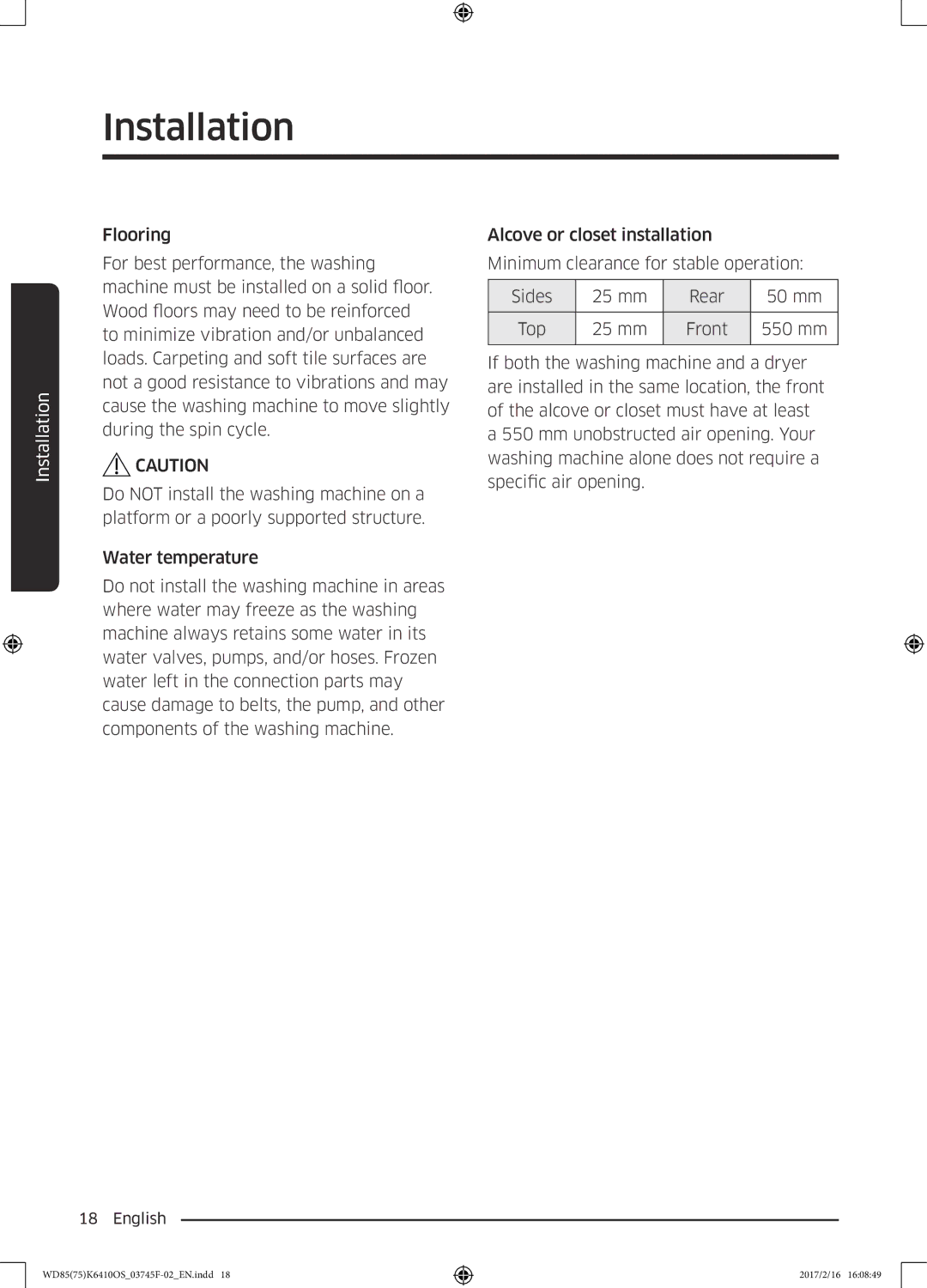 Samsung WD75K6410OW/YL, WD85K6410OS/YL manual Installation 