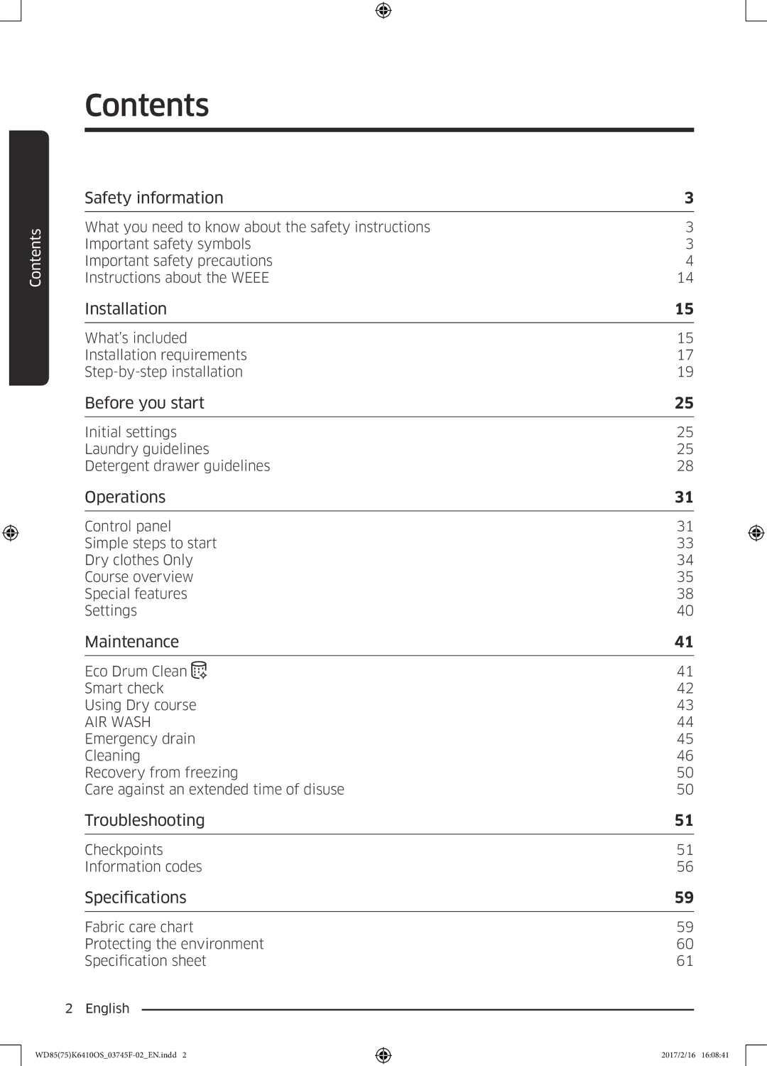 Samsung WD75K6410OW/YL, WD85K6410OS/YL manual Contents 