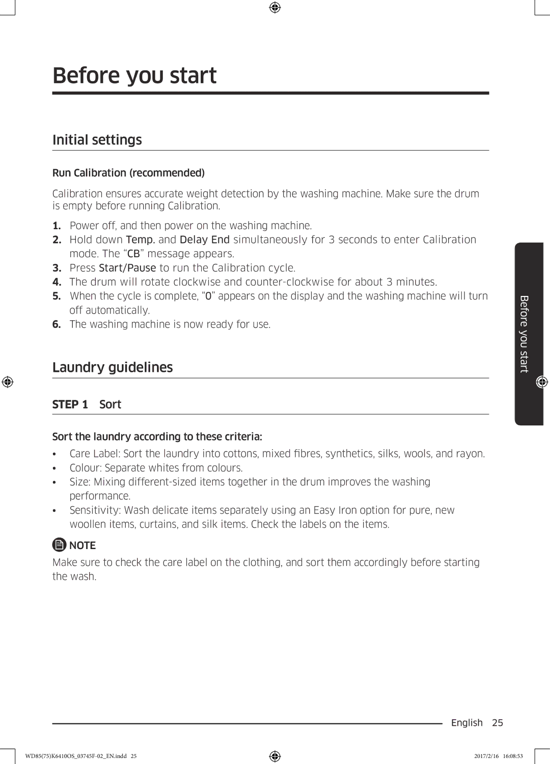 Samsung WD85K6410OS/YL, WD75K6410OW/YL manual Initial settings, Laundry guidelines 