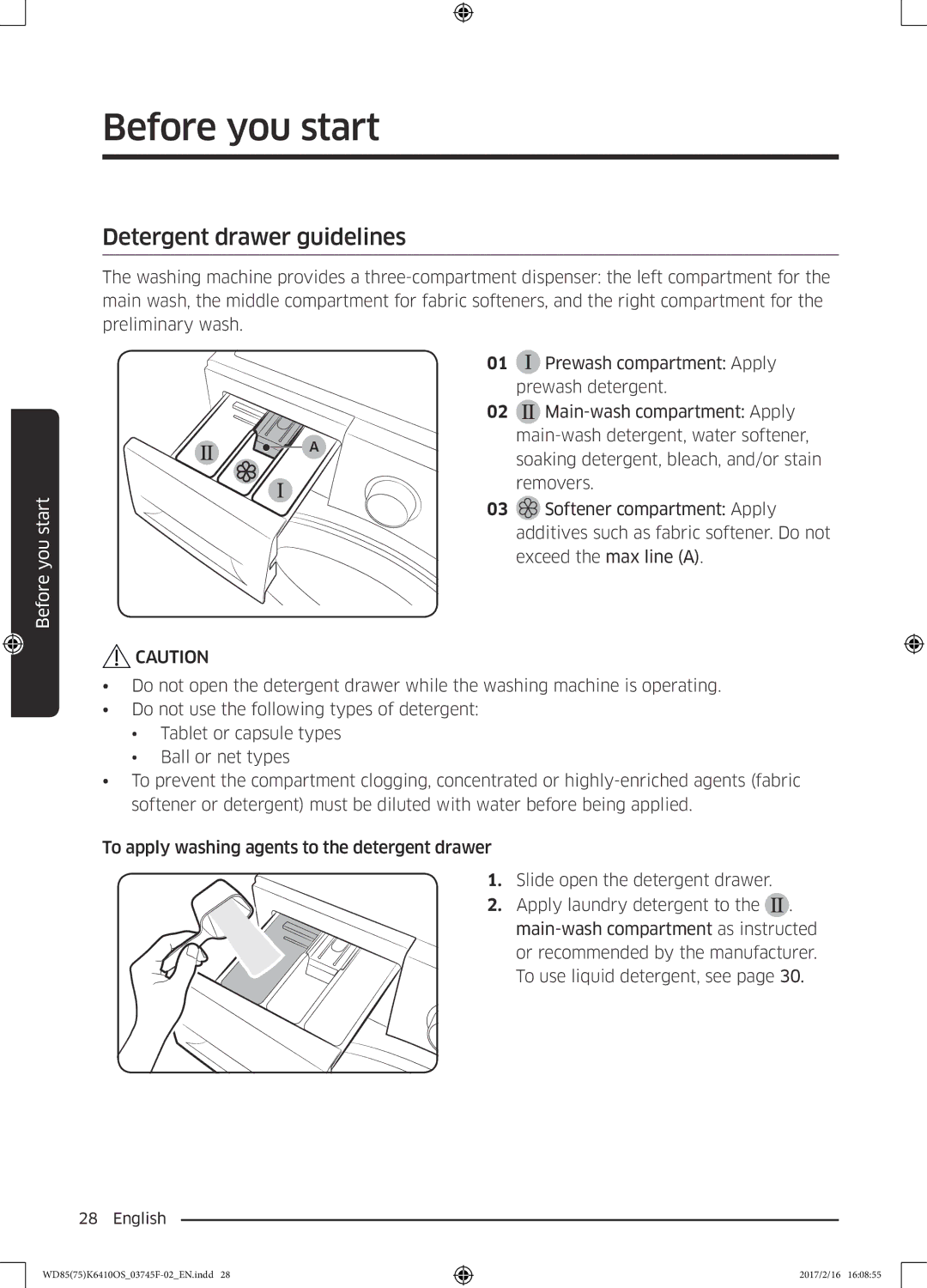 Samsung WD75K6410OW/YL, WD85K6410OS/YL manual Detergent drawer guidelines 