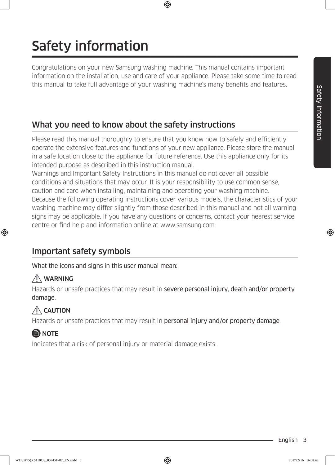 Samsung WD85K6410OS/YL, WD75K6410OW/YL manual Safety information 