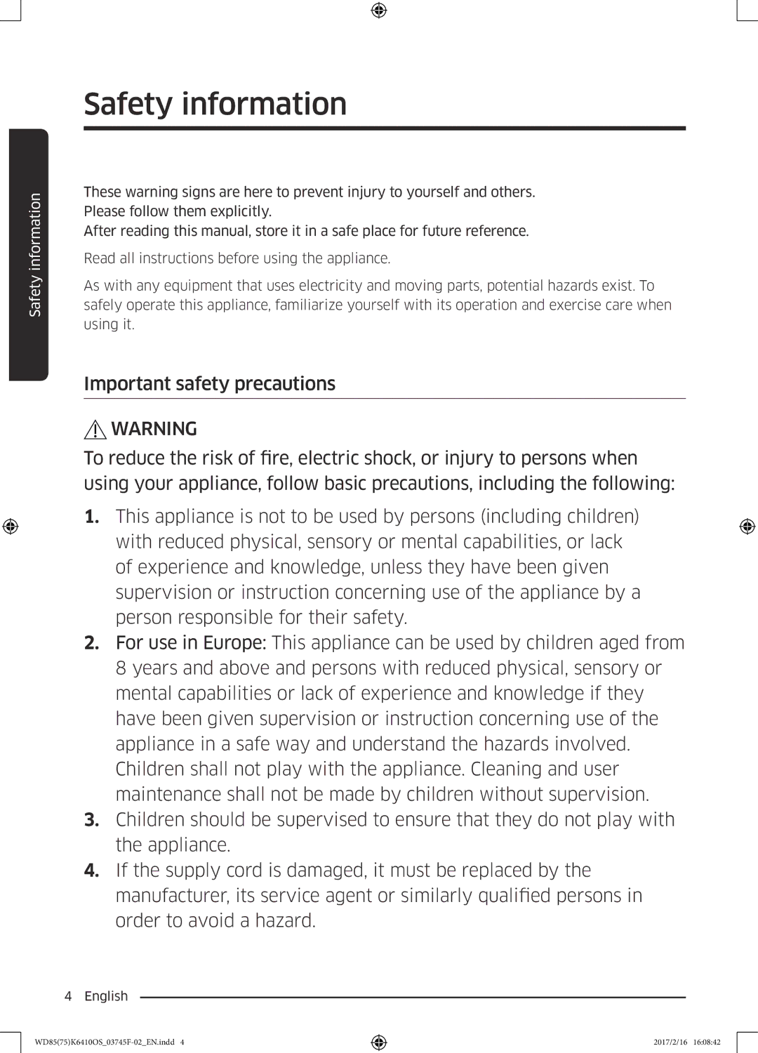 Samsung WD75K6410OW/YL, WD85K6410OS/YL manual Safety information 