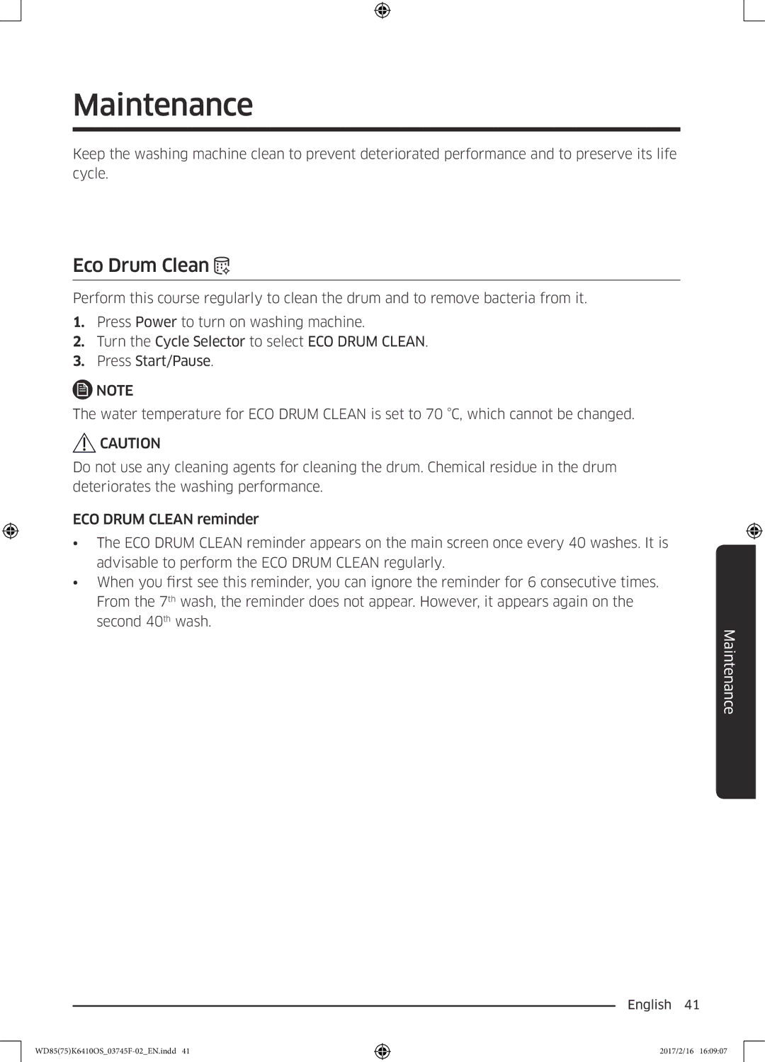 Samsung WD85K6410OS/YL, WD75K6410OW/YL manual Maintenance, Eco Drum Clean 