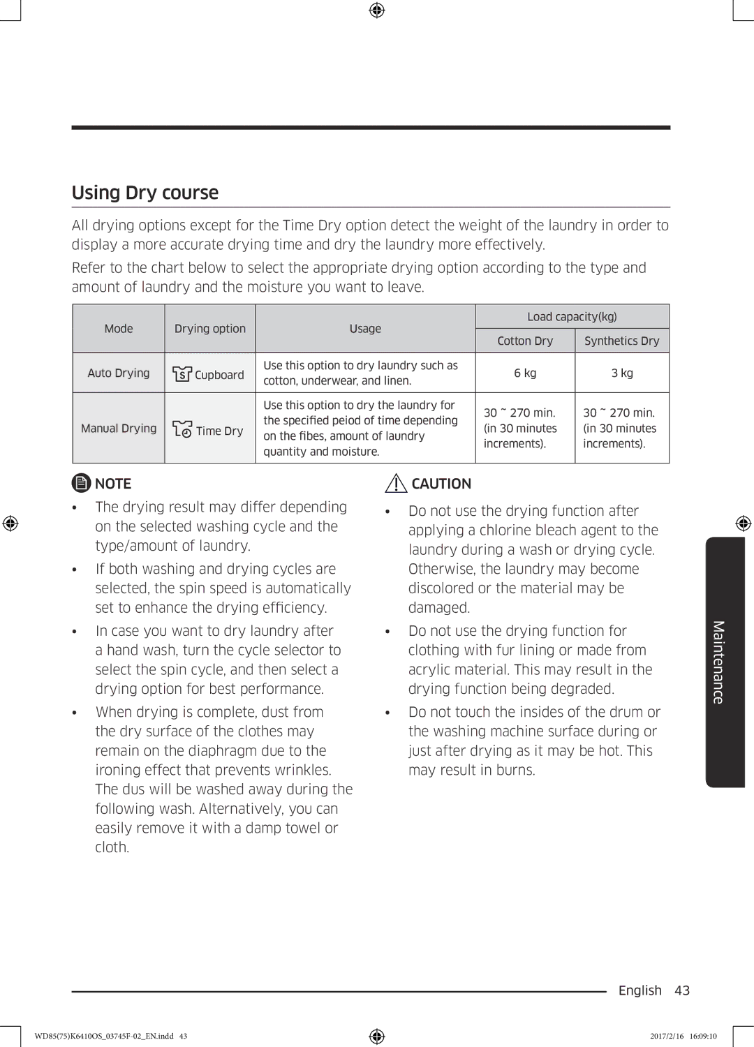 Samsung WD85K6410OS/YL, WD75K6410OW/YL manual Using Dry course 