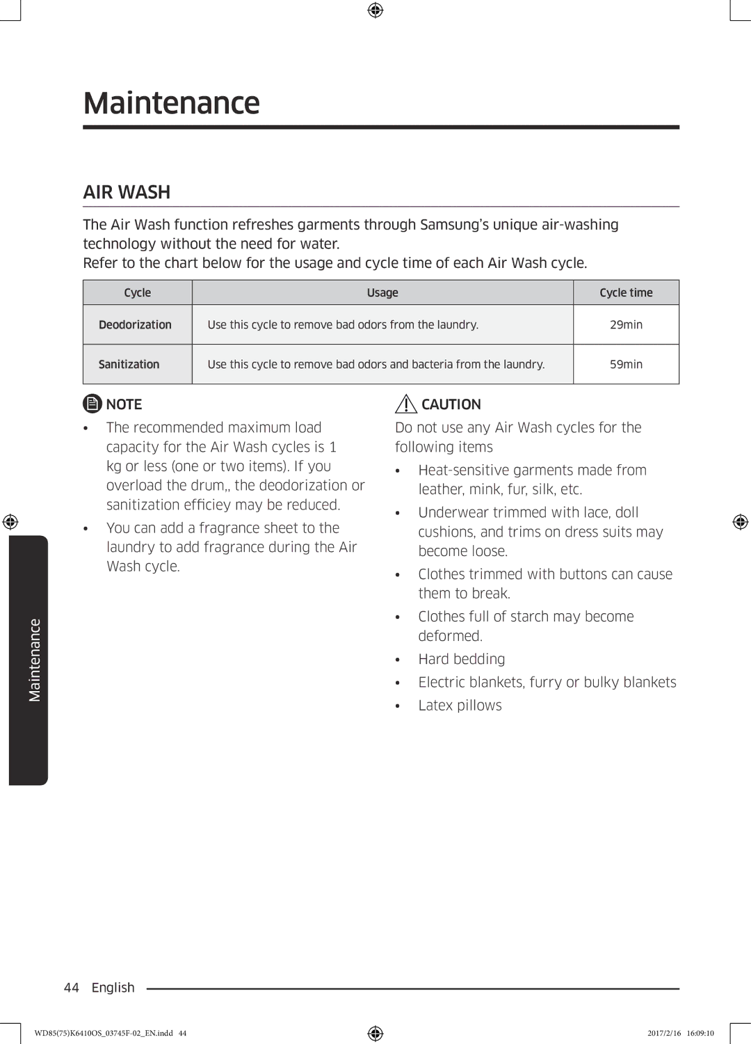 Samsung WD75K6410OW/YL, WD85K6410OS/YL manual AIR Wash 