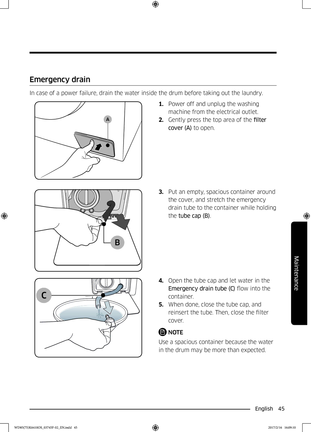 Samsung WD85K6410OS/YL, WD75K6410OW/YL manual Emergency drain 