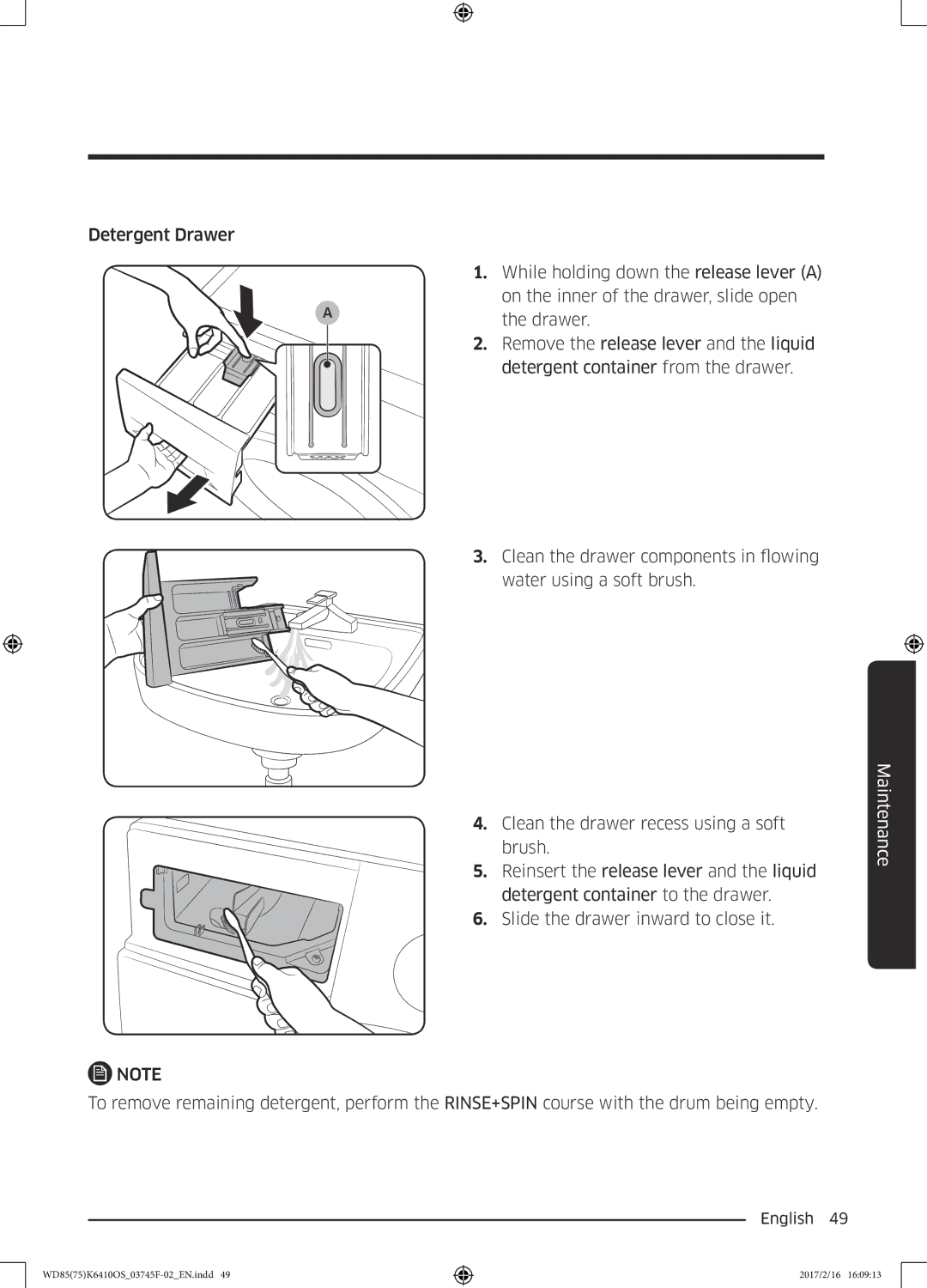 Samsung WD85K6410OS/YL, WD75K6410OW/YL manual Maintenance 