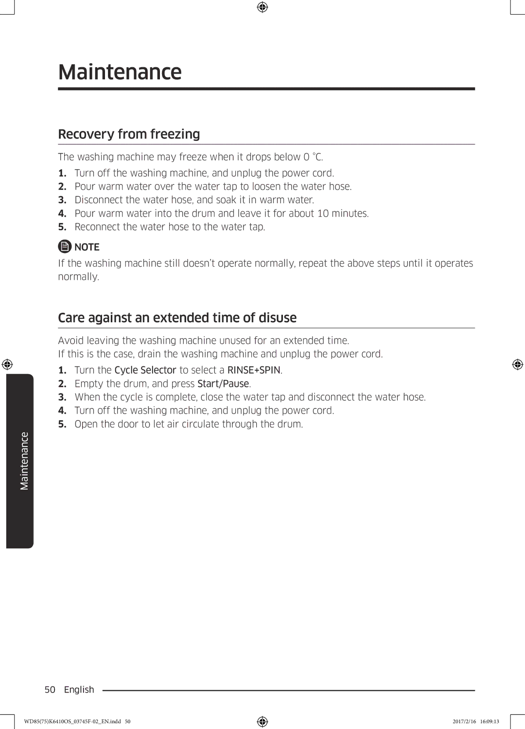 Samsung WD75K6410OW/YL, WD85K6410OS/YL manual Recovery from freezing, Care against an extended time of disuse 