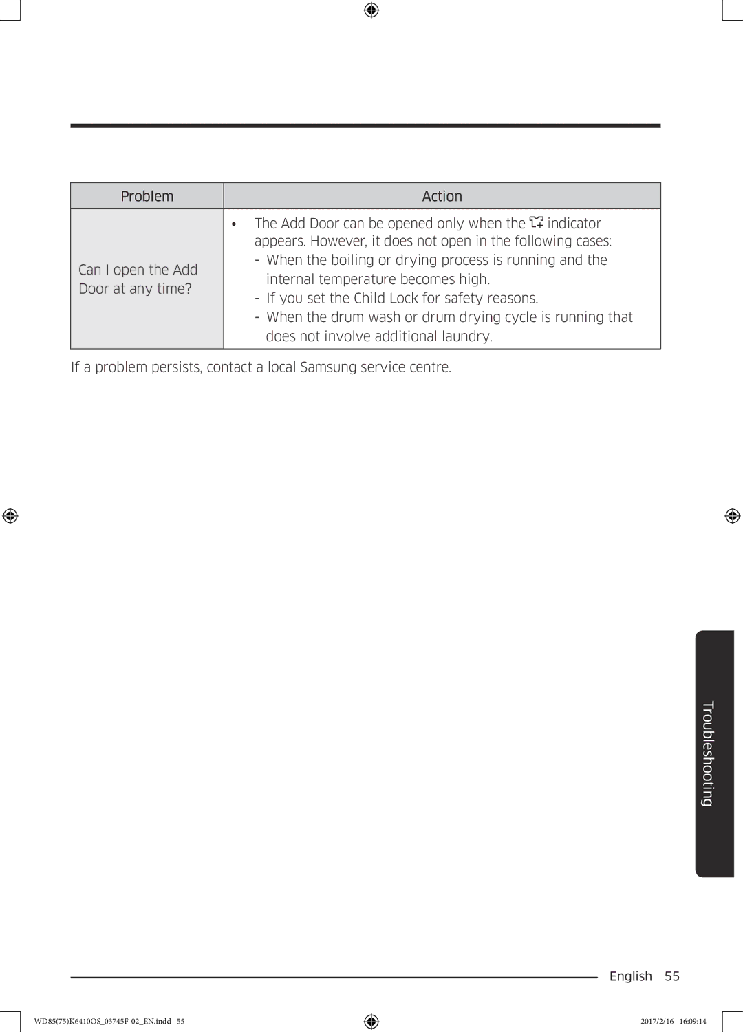 Samsung WD85K6410OS/YL, WD75K6410OW/YL manual Troubleshooting 