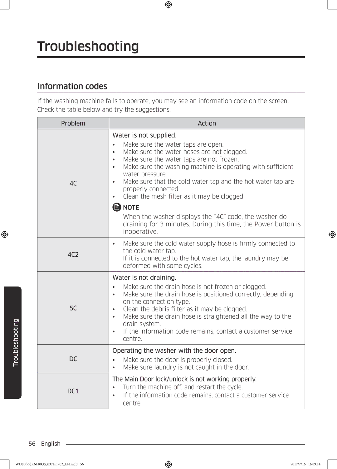 Samsung WD75K6410OW/YL, WD85K6410OS/YL manual Information codes, DC1 