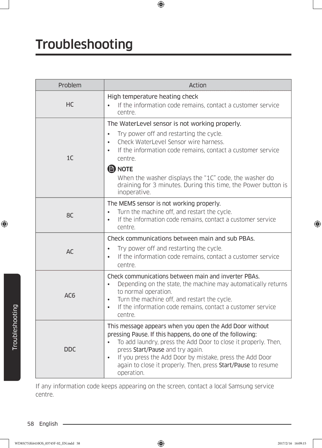 Samsung WD75K6410OW/YL, WD85K6410OS/YL manual To normal operation 