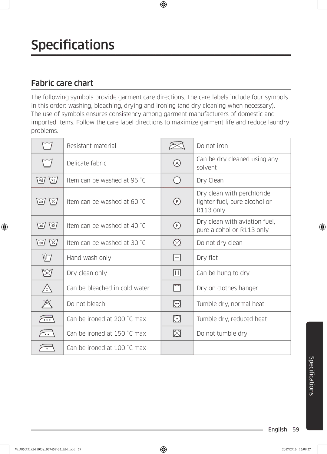 Samsung WD85K6410OS/YL, WD75K6410OW/YL manual Specifications, Fabric care chart 