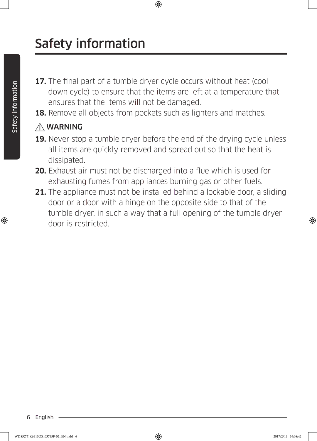 Samsung WD75K6410OW/YL, WD85K6410OS/YL manual Safety information 