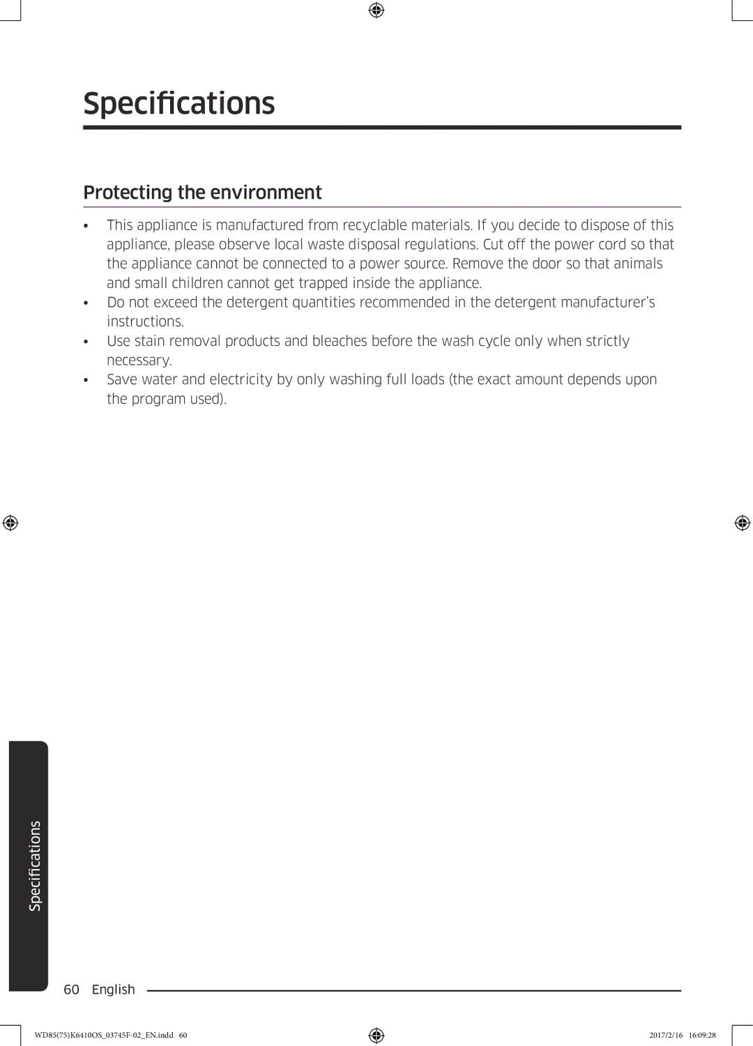 Samsung WD75K6410OW/YL, WD85K6410OS/YL manual Protecting the environment 