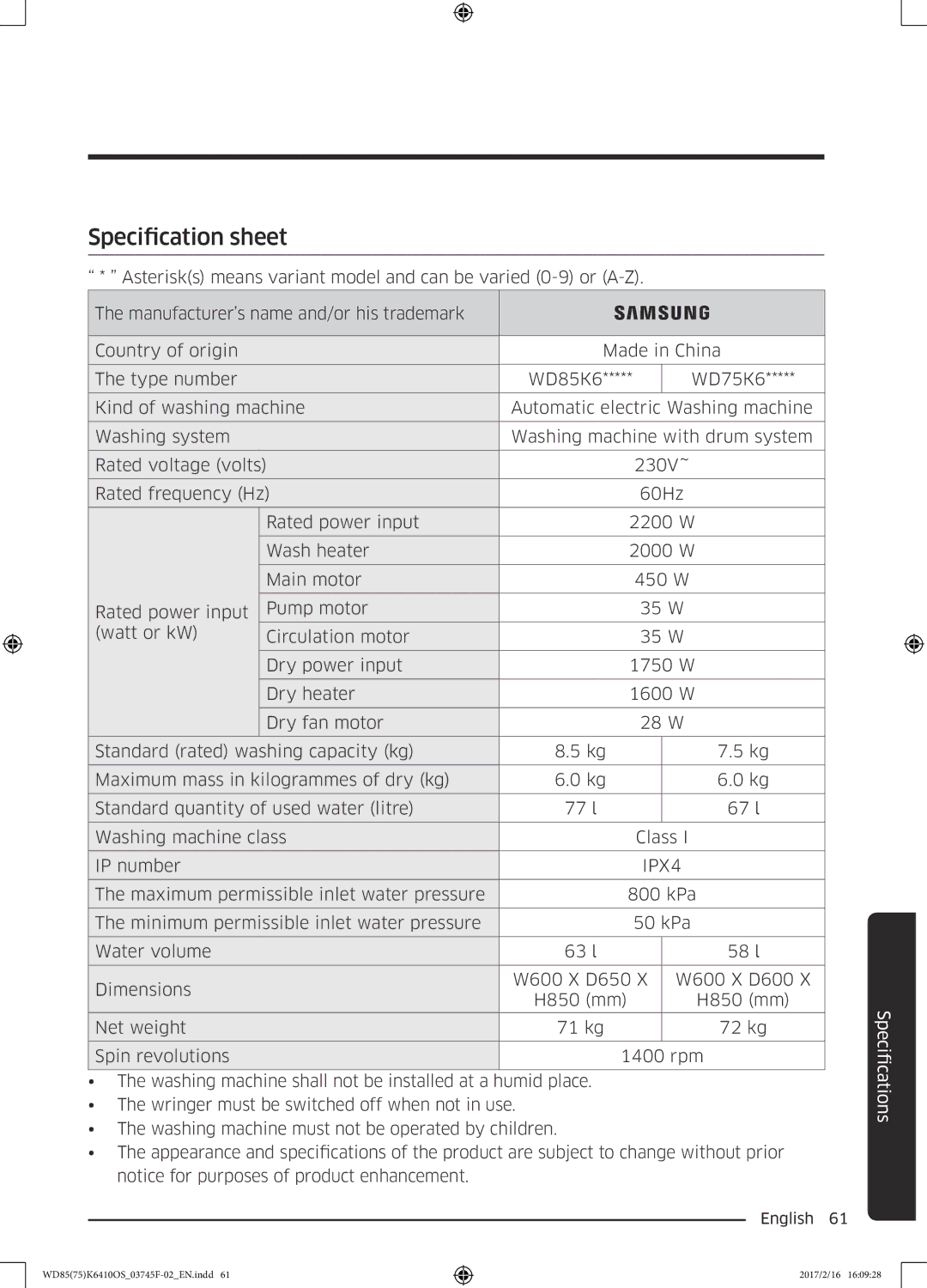 Samsung WD85K6410OS/YL, WD75K6410OW/YL manual Specification sheet, IPX4 