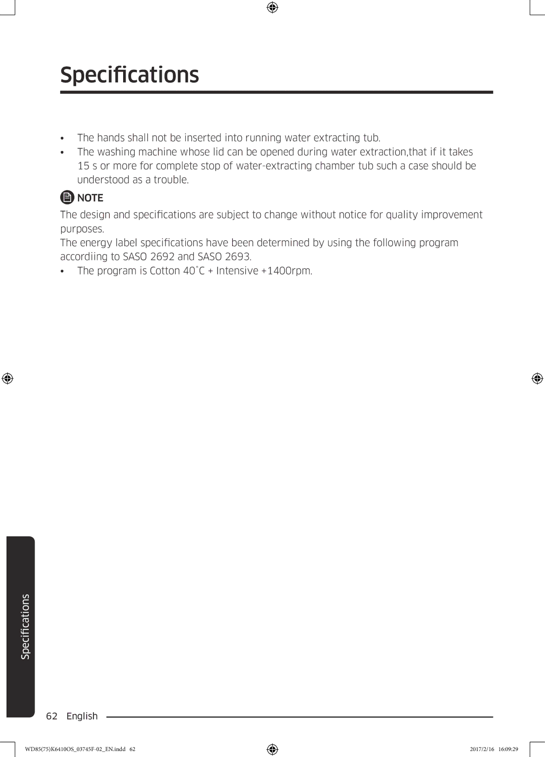 Samsung WD75K6410OW/YL, WD85K6410OS/YL manual Specifications 