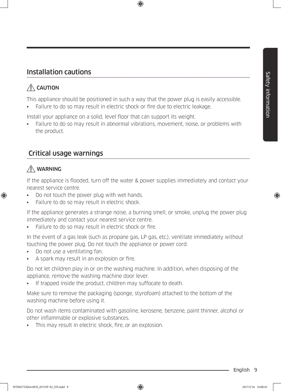 Samsung WD85K6410OS/YL, WD75K6410OW/YL manual Installation cautions, Critical usage warnings 