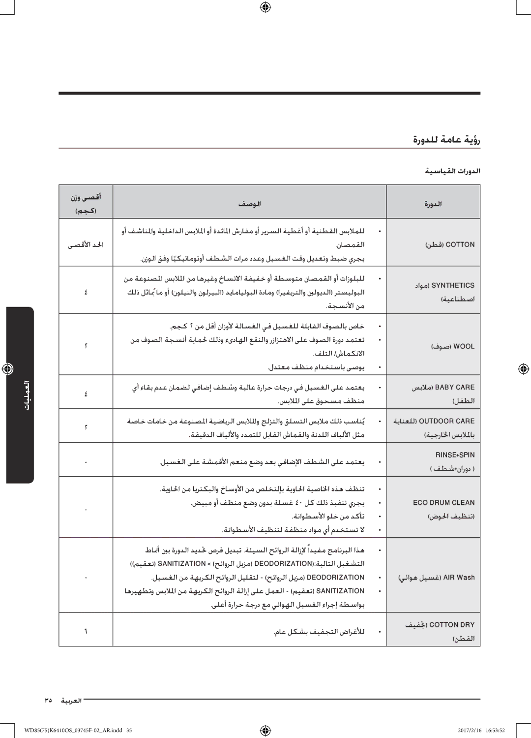 Samsung WD85K6410OS/YL, WD75K6410OW/YL manual ةرودلل ةماع ةيؤر, ةيسايقلا تارودلا, نزو ىصقأ فصولا ةرودلا مجك 