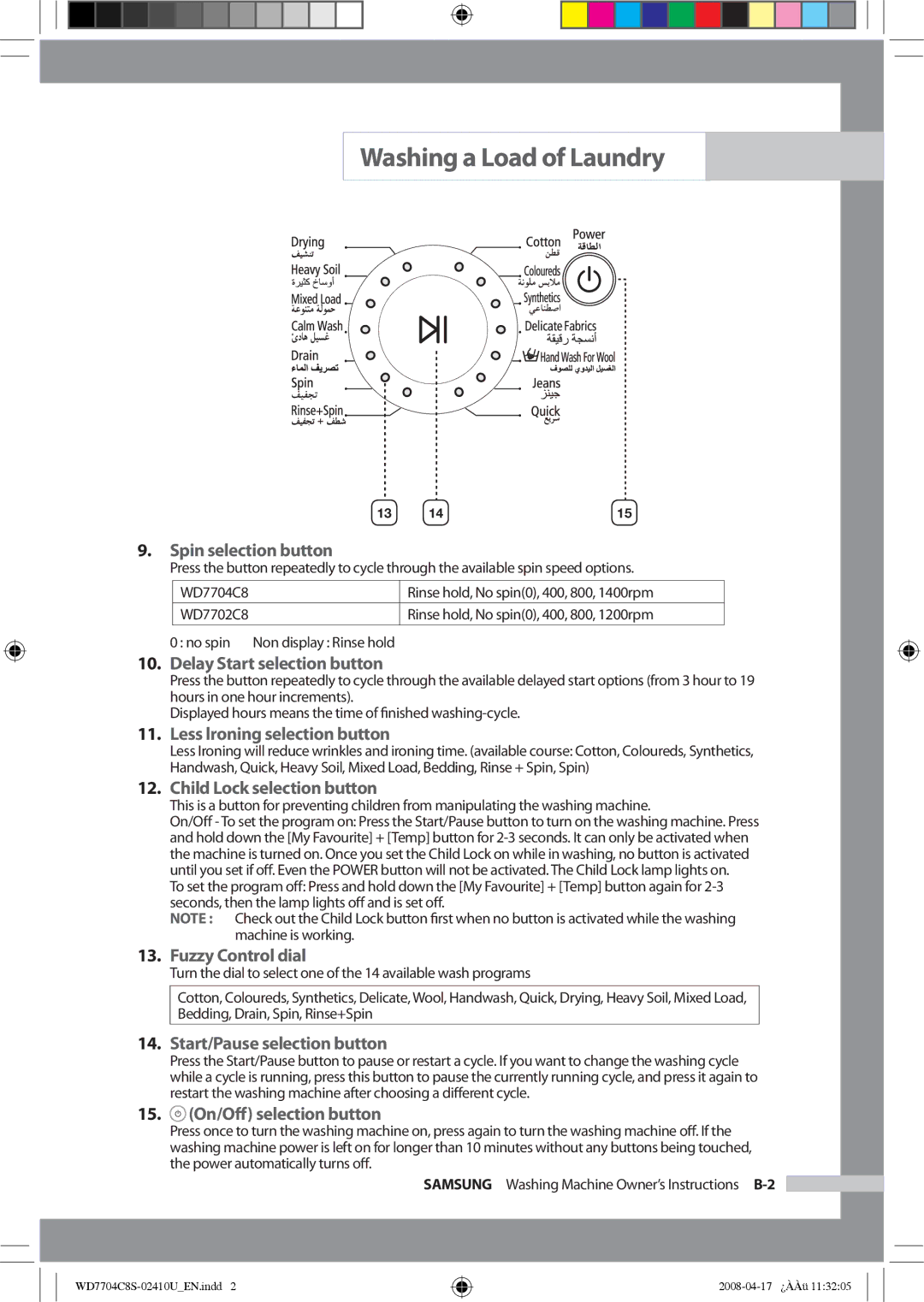 Samsung WD7702C8C/YL manual Spin selection button, Delay Start selection button, Less lroning selection button 