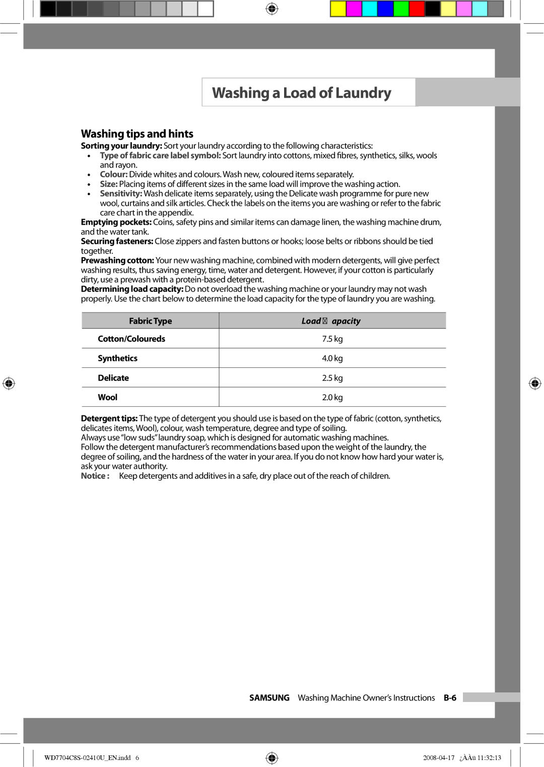 Samsung WD7702C8C/YL manual Washing tips and hints 