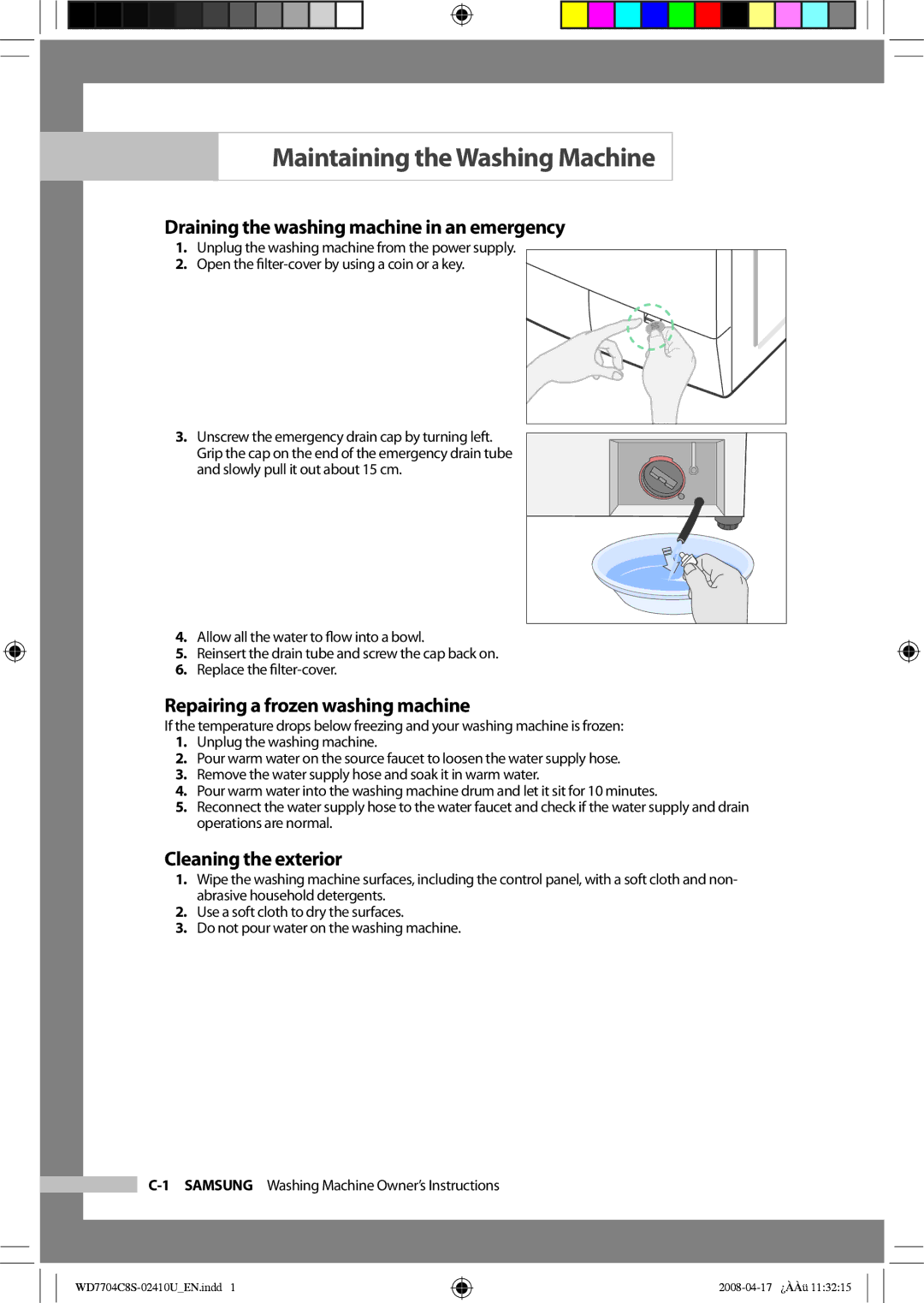 Samsung WD7702C8C/YL Maintaining the Washing Machine, Draining the washing machine in an emergency, Cleaning the exterior 