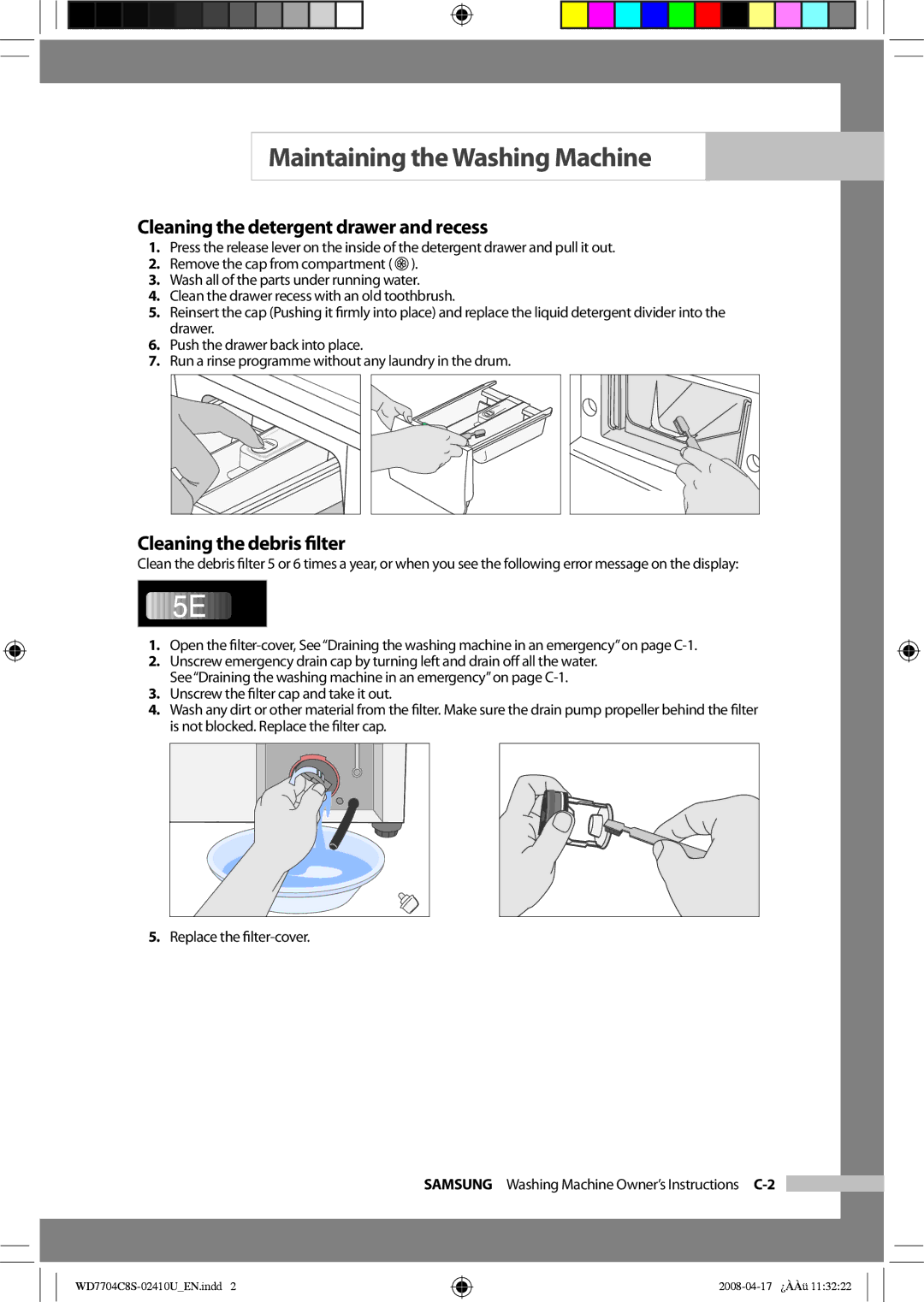 Samsung WD7702C8C/YL manual Cleaning the detergent drawer and recess, Cleaning the debris ﬁlter 