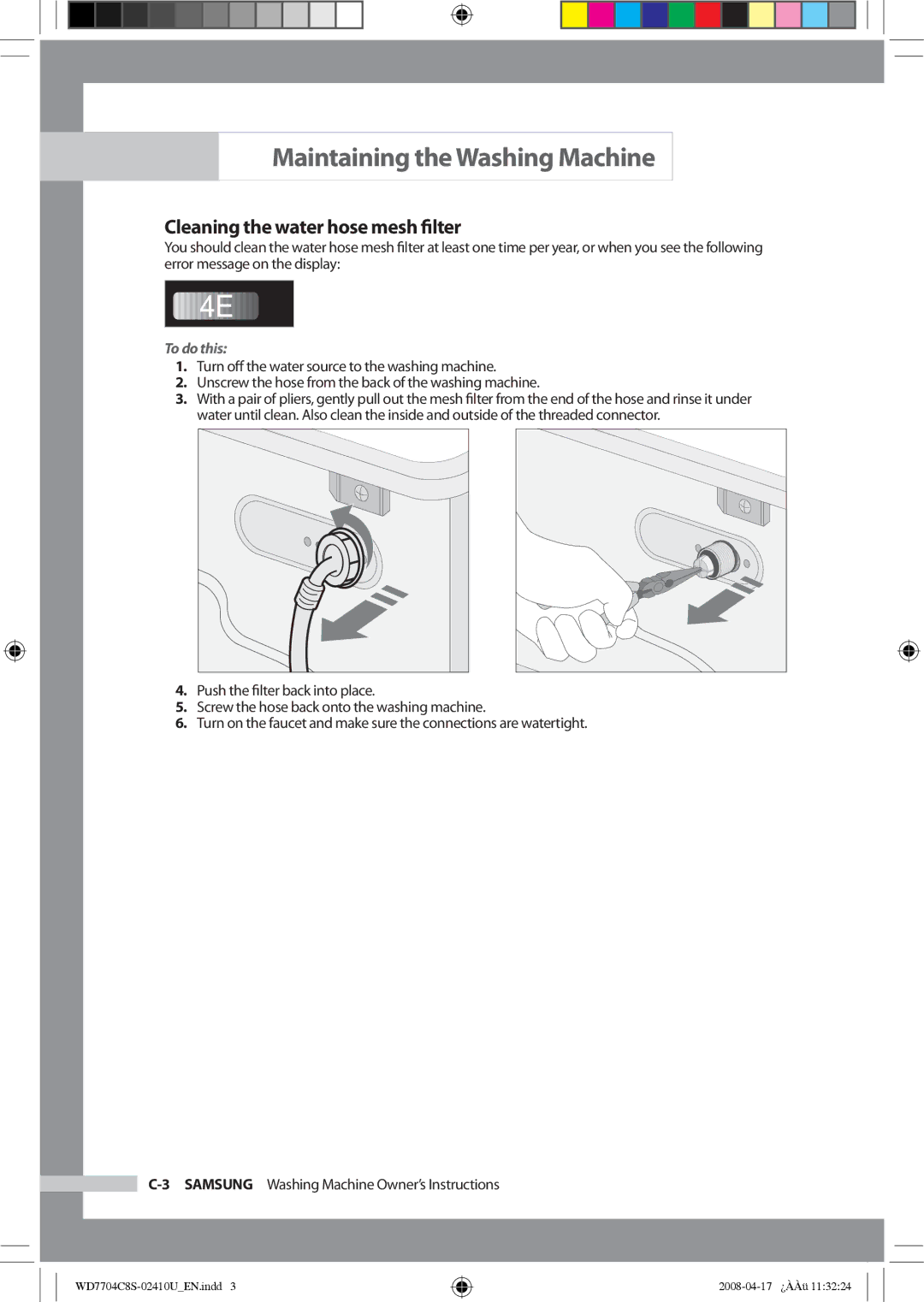 Samsung WD7702C8C/YL manual Cleaning the water hose mesh ﬁlter, To do this 