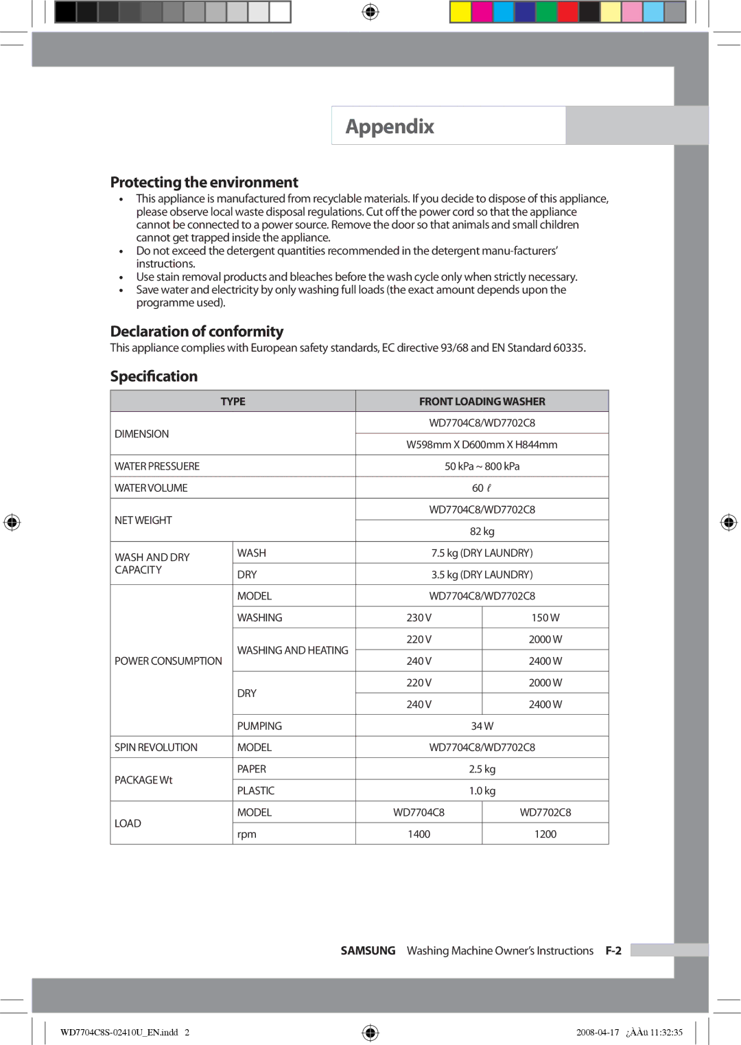 Samsung WD7702C8C/YL manual Protecting the environment, Declaration of conformity, Speciﬁcation 