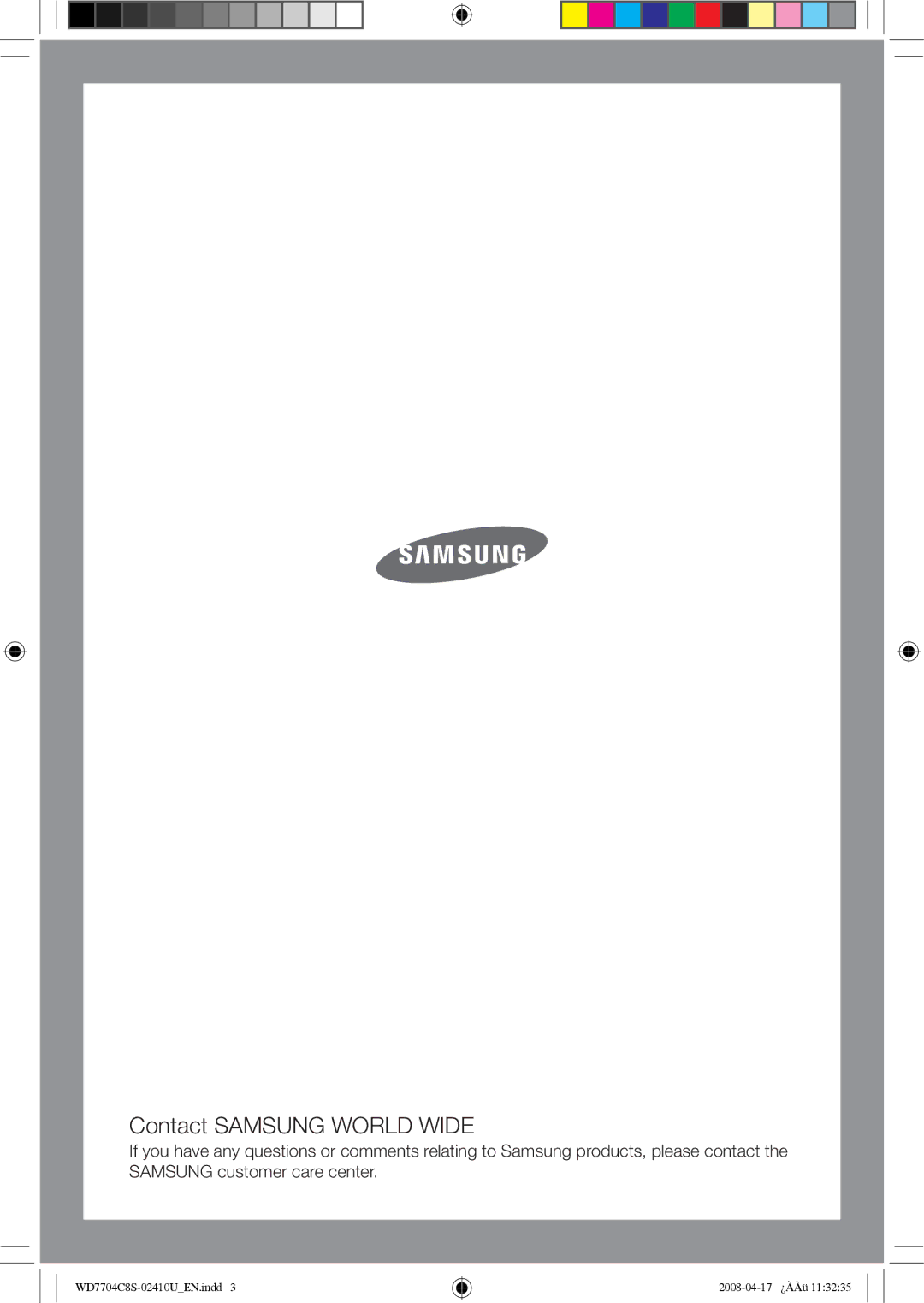 Samsung WD7702C8C/YL manual Contact Samsung World Wide 