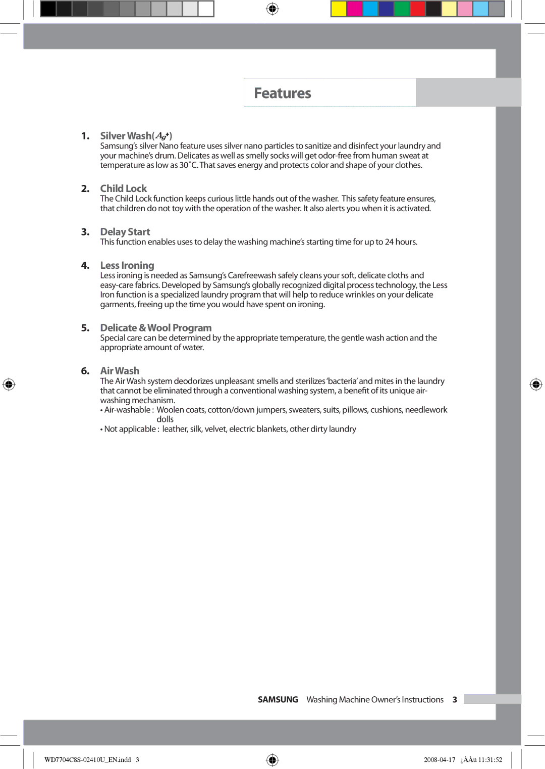 Samsung WD7702C8C/YL manual Features 