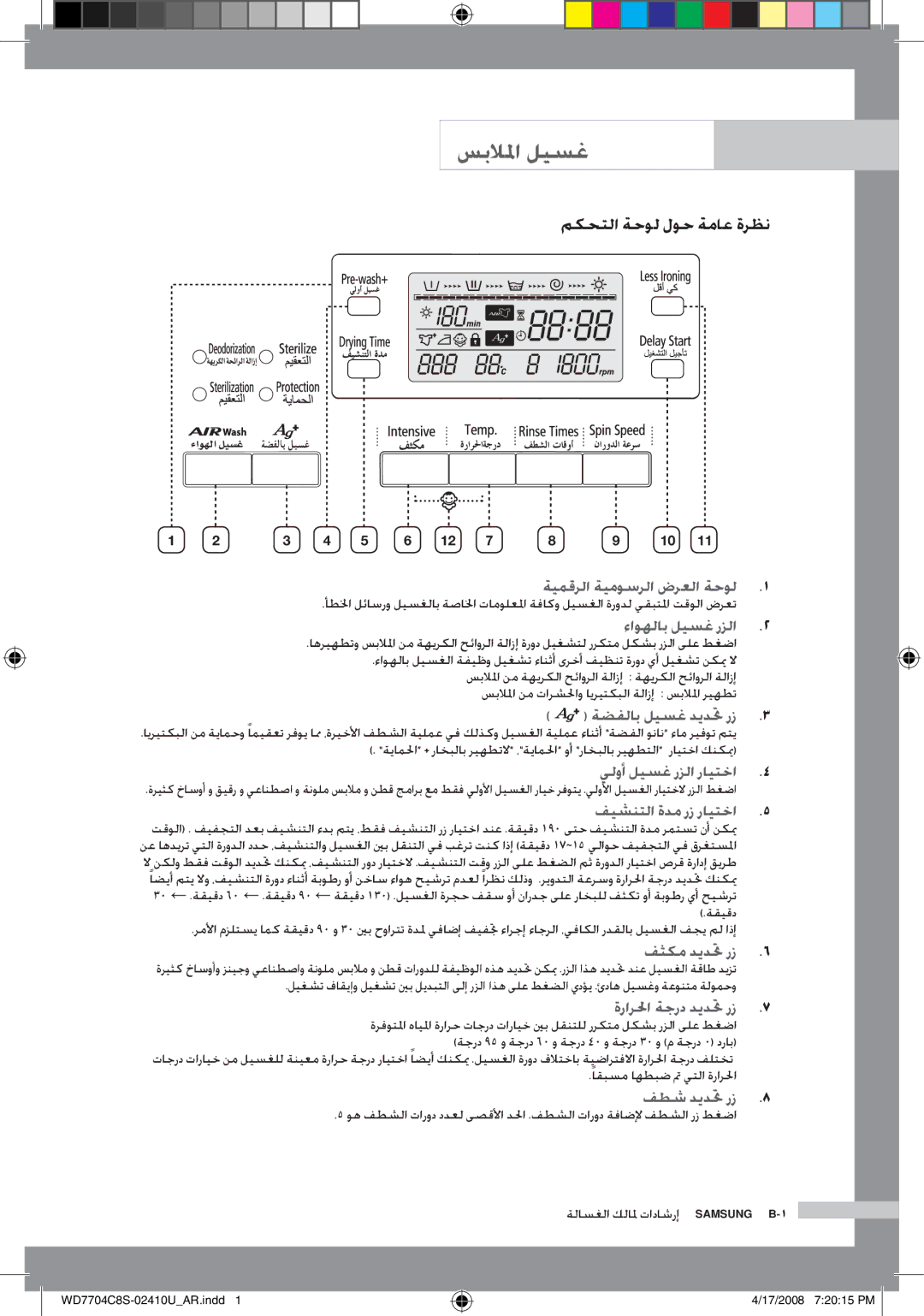 Samsung WD7702C8C/YL manual سبلالما ليسغ, مكحتلا ةحول لوح ةماع ةرظن 