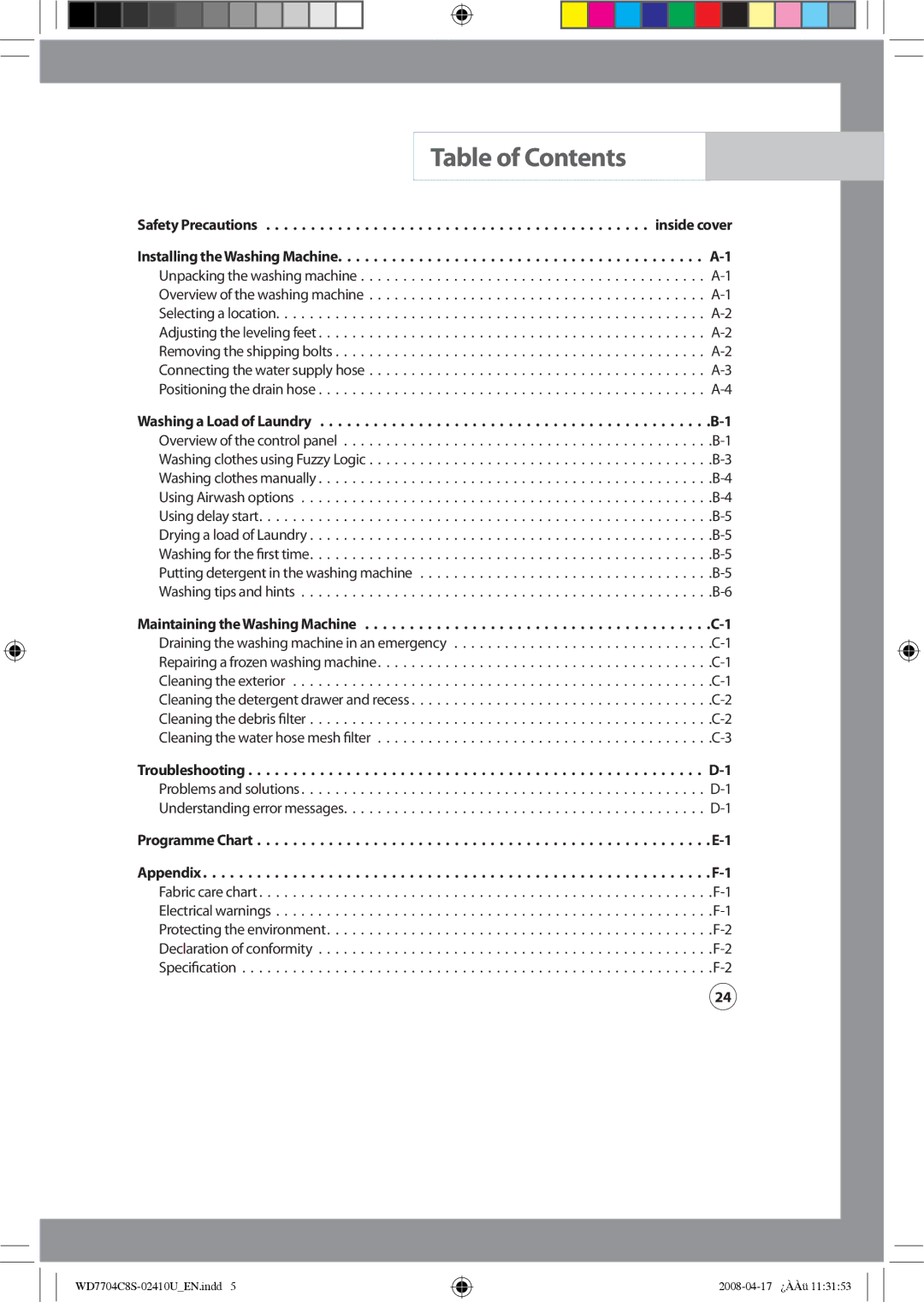 Samsung WD7702C8C/YL manual Table of Contents 