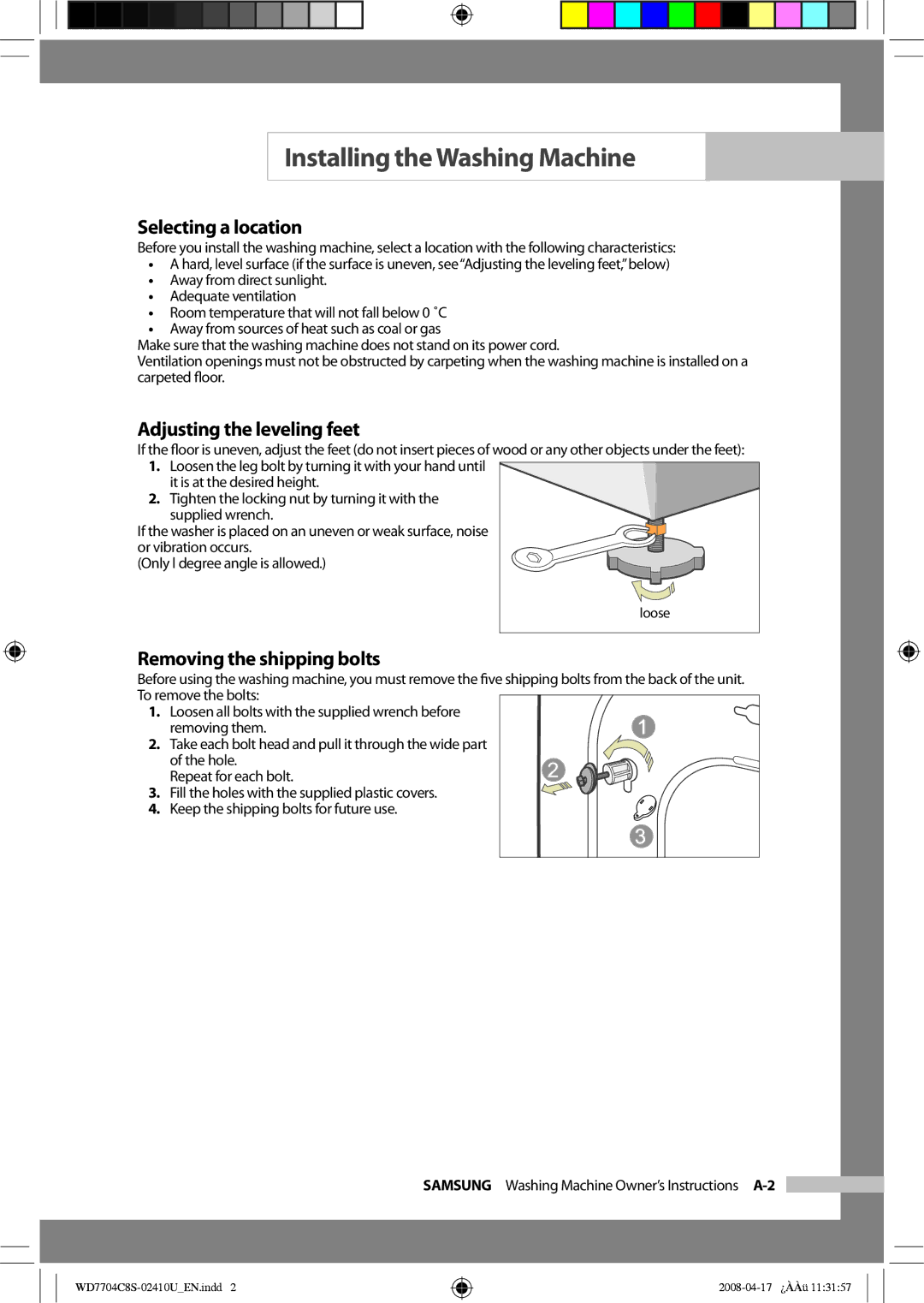 Samsung WD7702C8C/YL manual Selecting a location, Adjusting the leveling feet, Removing the shipping bolts 