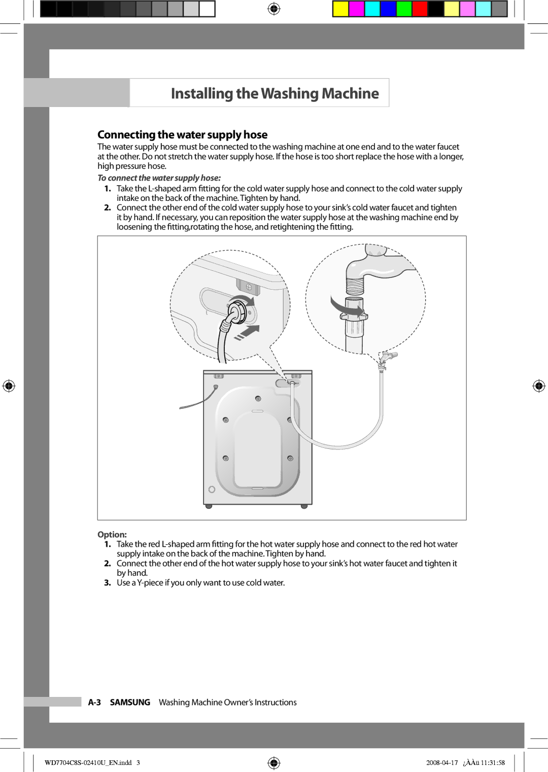 Samsung WD7702C8C/YL manual Connecting the water supply hose, To connect the water supply hose 