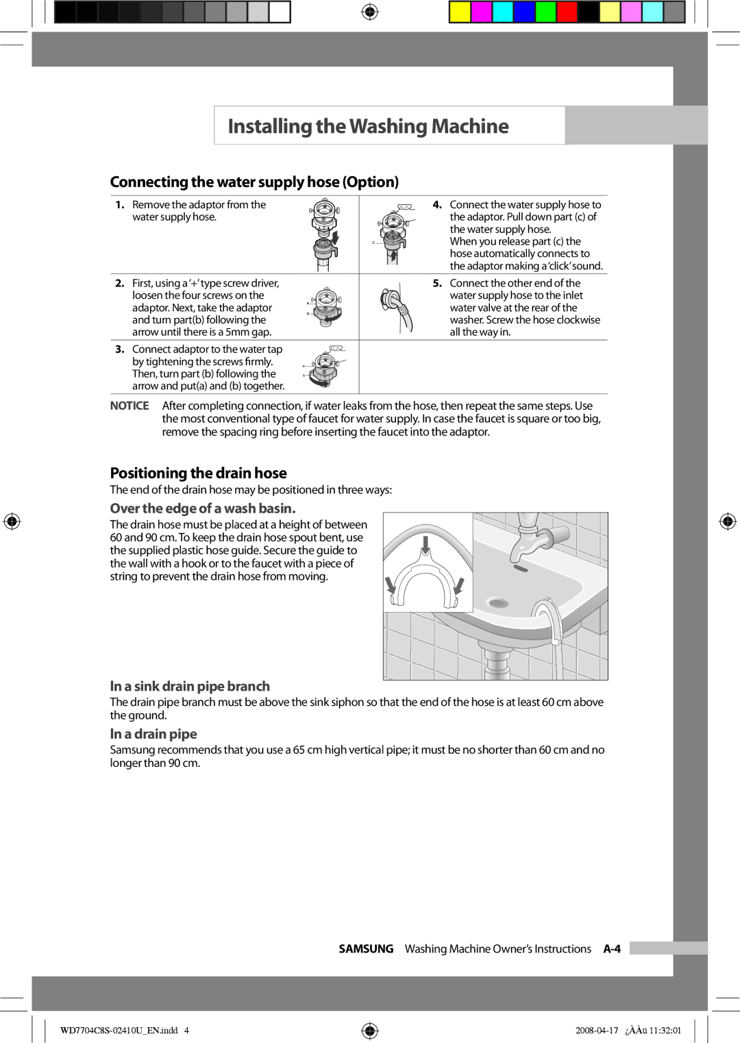 Samsung WD7702C8C/YL Connecting the water supply hose Option, Positioning the drain hose, Over the edge of a wash basin 