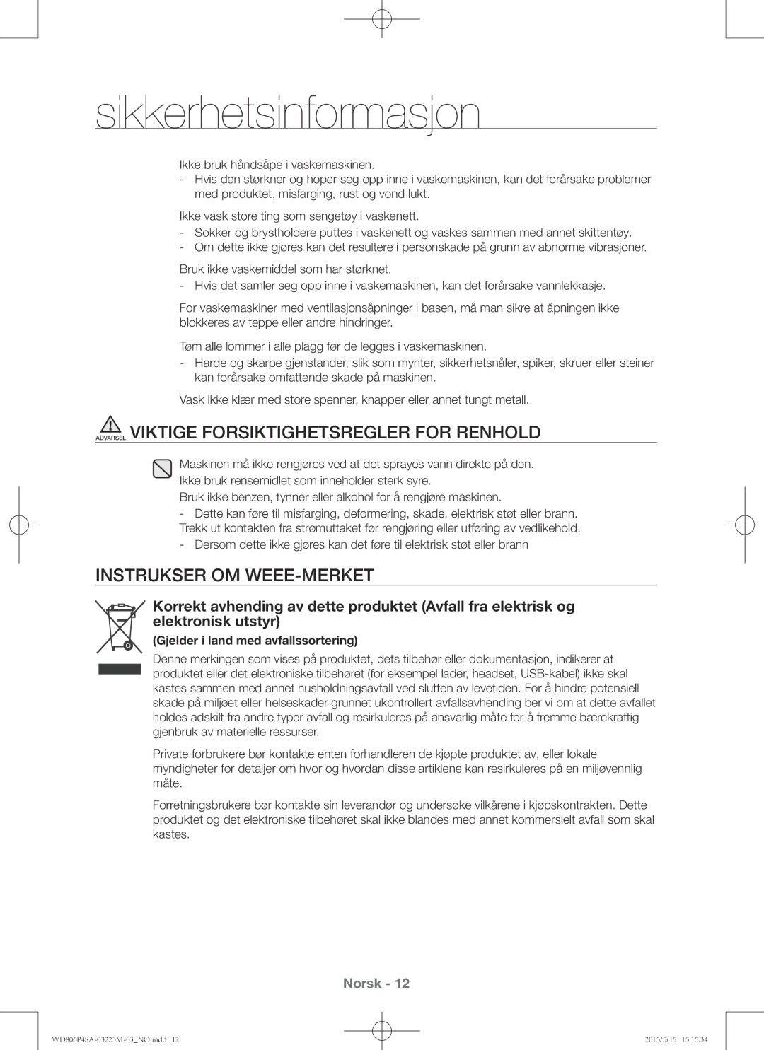 Samsung WD806P4SAWQ/EE manual Instrukser OM WEEE-MERKET, Gjelder i land med avfallssortering 