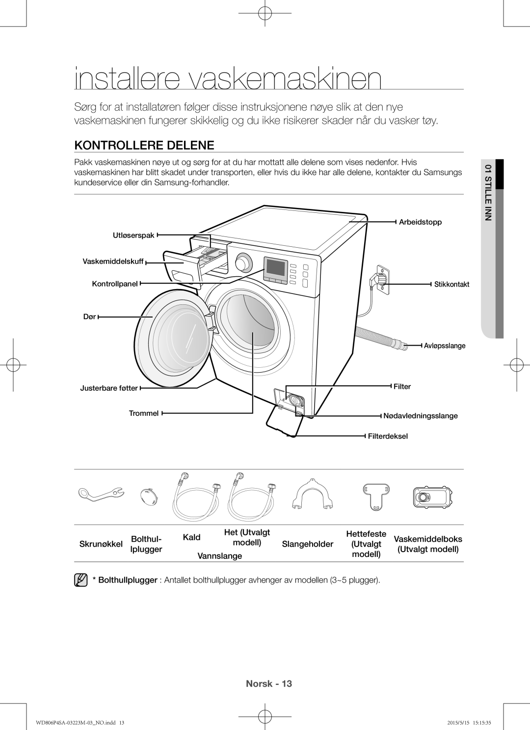 Samsung WD806P4SAWQ/EE manual Installere vaskemaskinen, Kontrollere delene, Stille inn, Bolthul Kald Het Utvalgt Hettefeste 