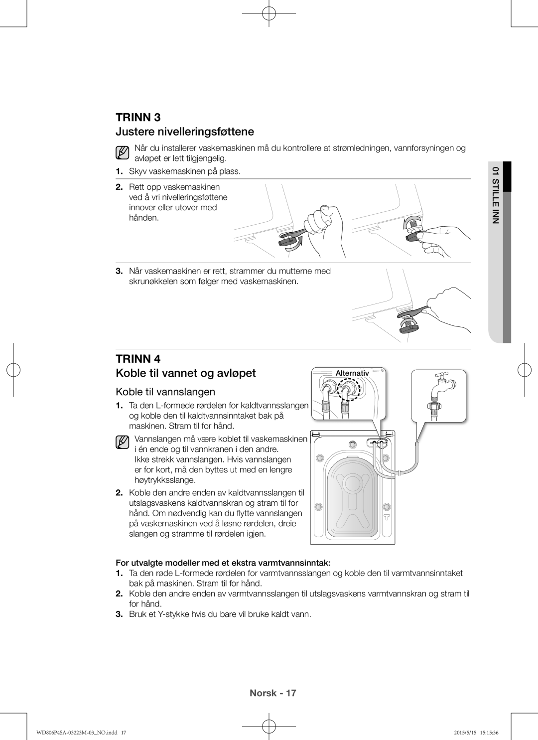 Samsung WD806P4SAWQ/EE Justere nivelleringsføttene, Koble til vannet og avløpet, Koble til vannslangen, Høytrykksslange 