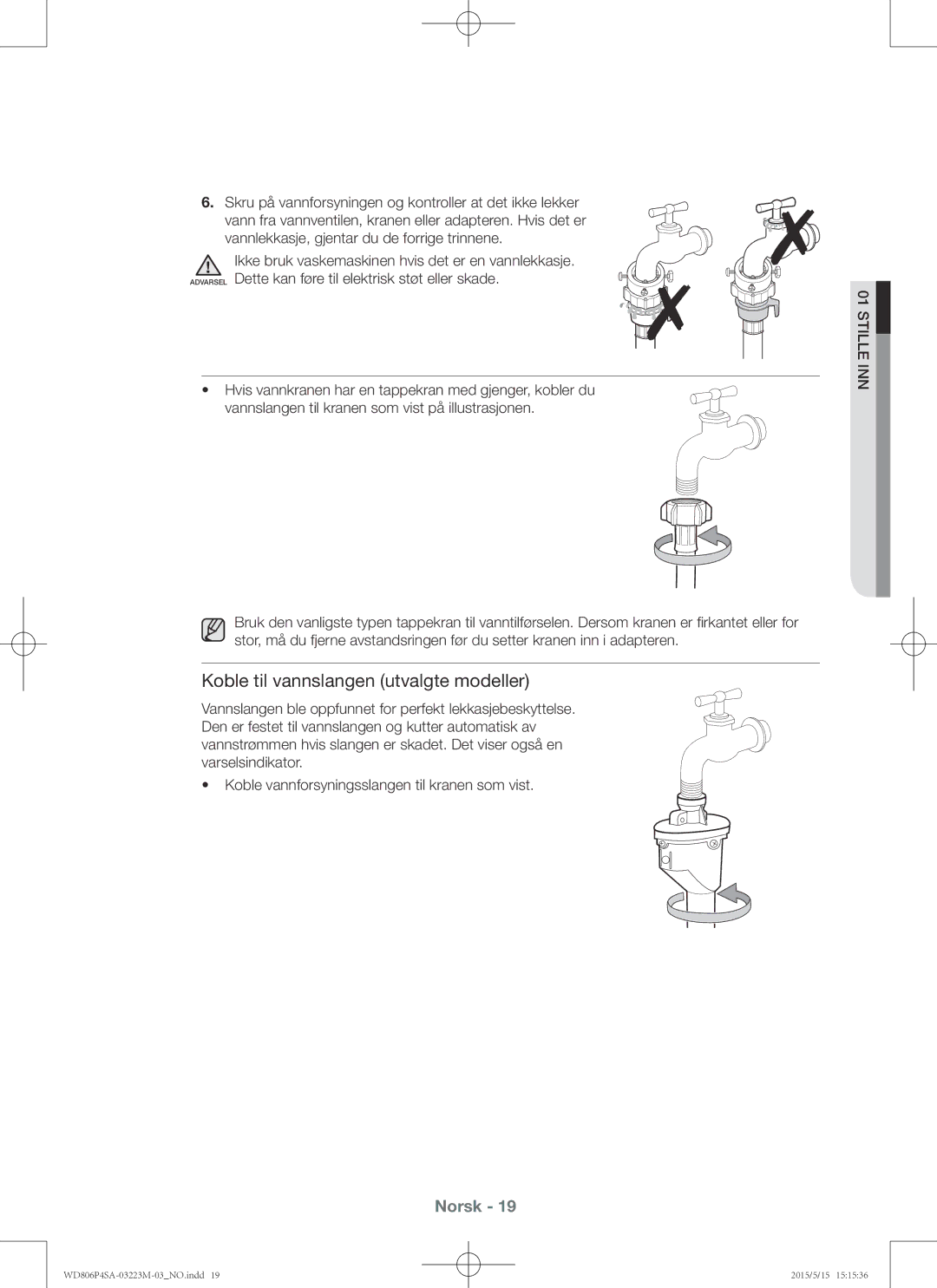 Samsung WD806P4SAWQ/EE manual Koble til vannslangen utvalgte modeller 