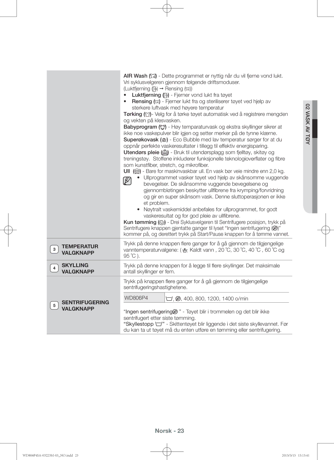 Samsung WD806P4SAWQ/EE manual Valgknapp, Skylling, Sentrifugering 