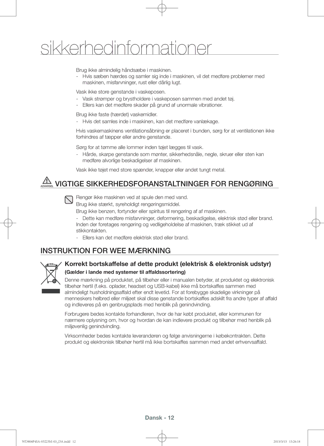 Samsung WD806P4SAWQ/EE manual Instruktion for WEE Mærkning, Gælder i lande med systemer til affaldssortering 