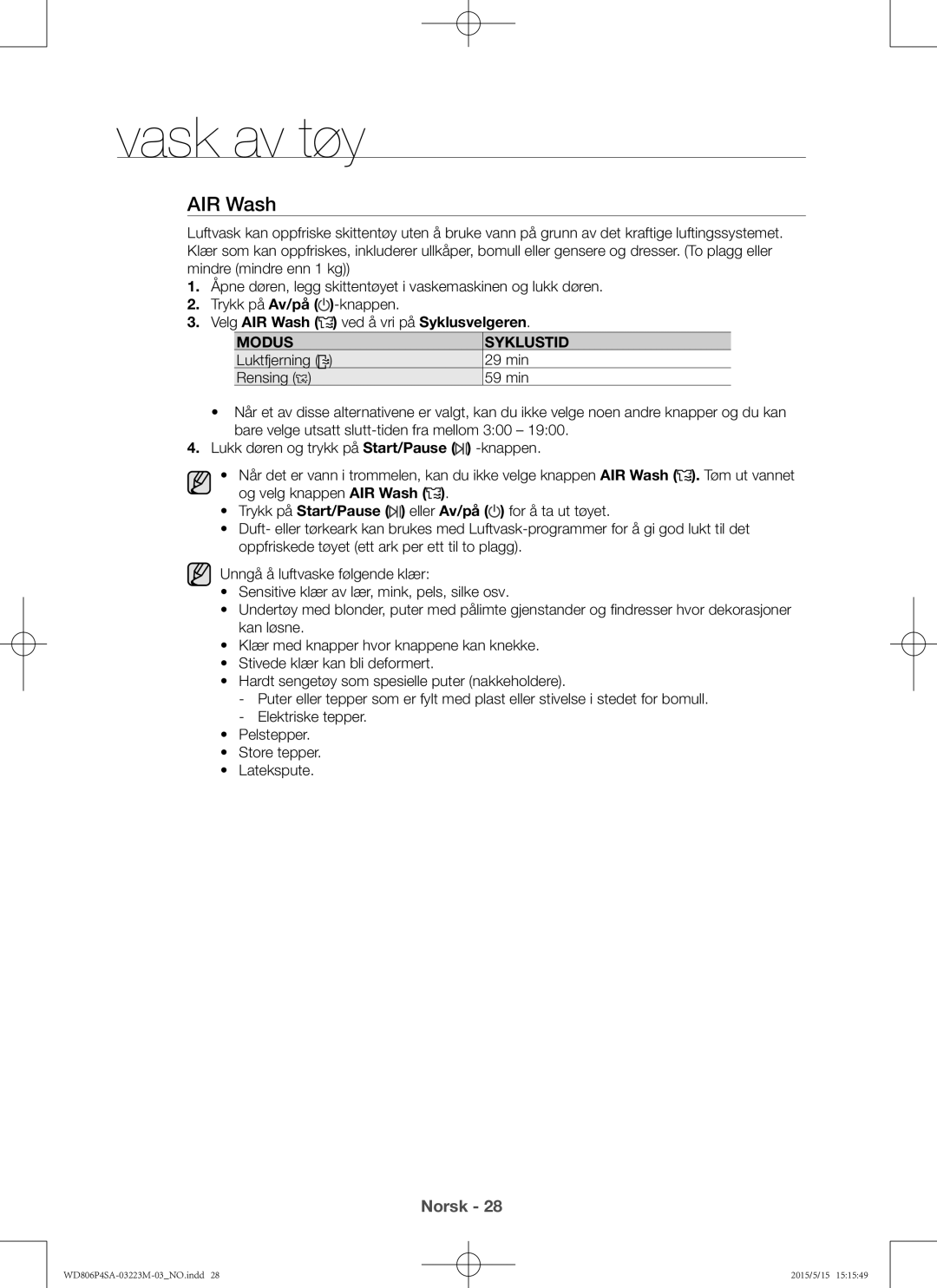 Samsung WD806P4SAWQ/EE manual Velg AIR Wash ved å vri på Syklusvelgeren, Modus Syklustid 